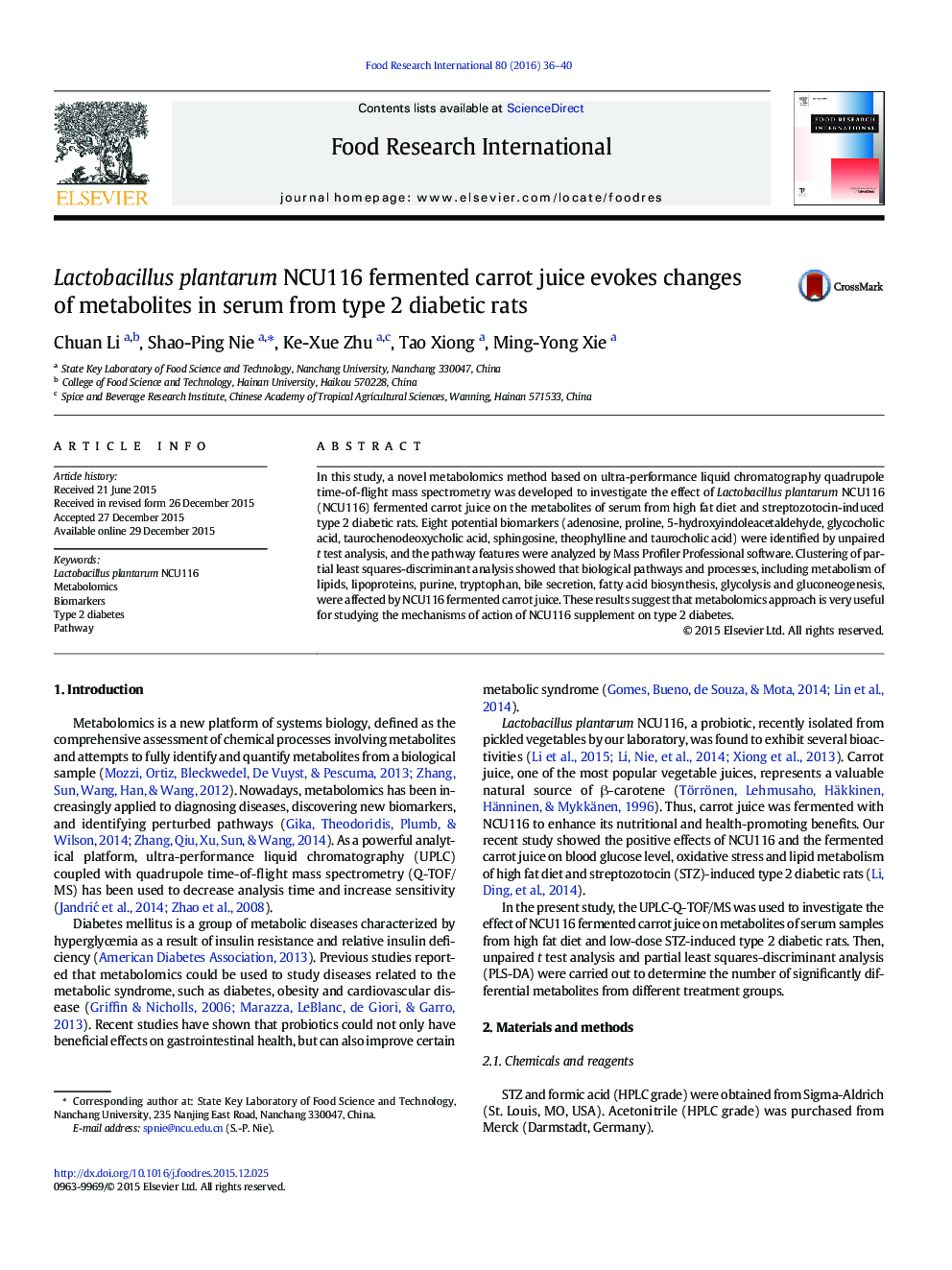 Lactobacillus plantarum NCU116 fermented carrot juice evokes changes of metabolites in serum from type 2 diabetic rats