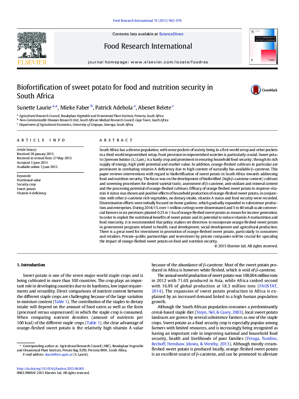 Biofortification of sweet potato for food and nutrition security in South Africa