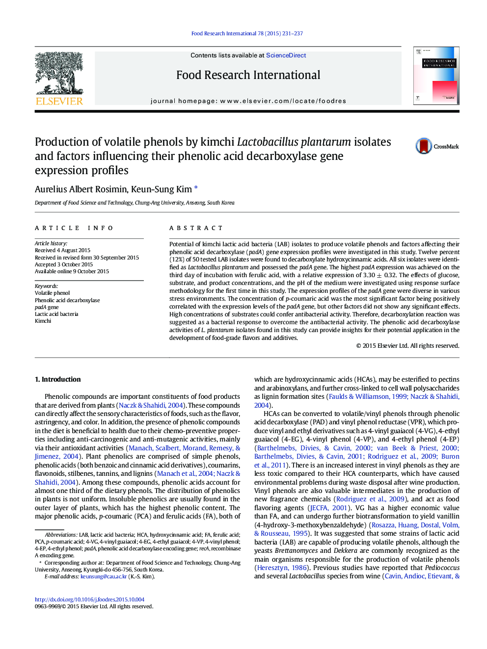 Production of volatile phenols by kimchi Lactobacillus plantarum isolates and factors influencing their phenolic acid decarboxylase gene expression profiles