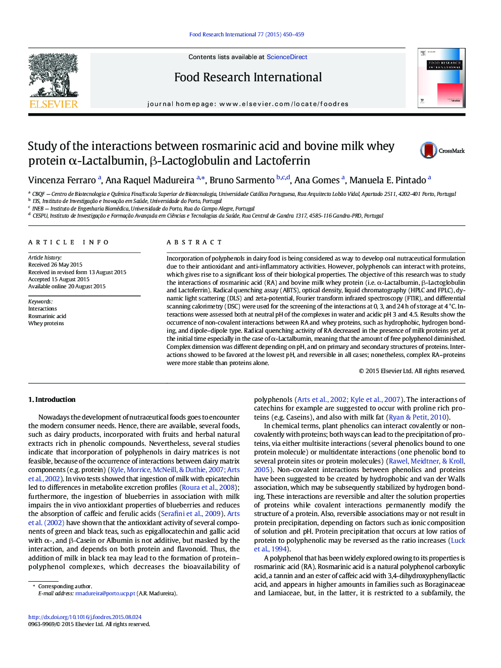 Study of the interactions between rosmarinic acid and bovine milk whey protein α-Lactalbumin, β-Lactoglobulin and Lactoferrin