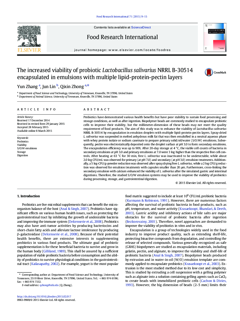The increased viability of probiotic Lactobacillus salivarius NRRL B-30514 encapsulated in emulsions with multiple lipid-protein-pectin layers