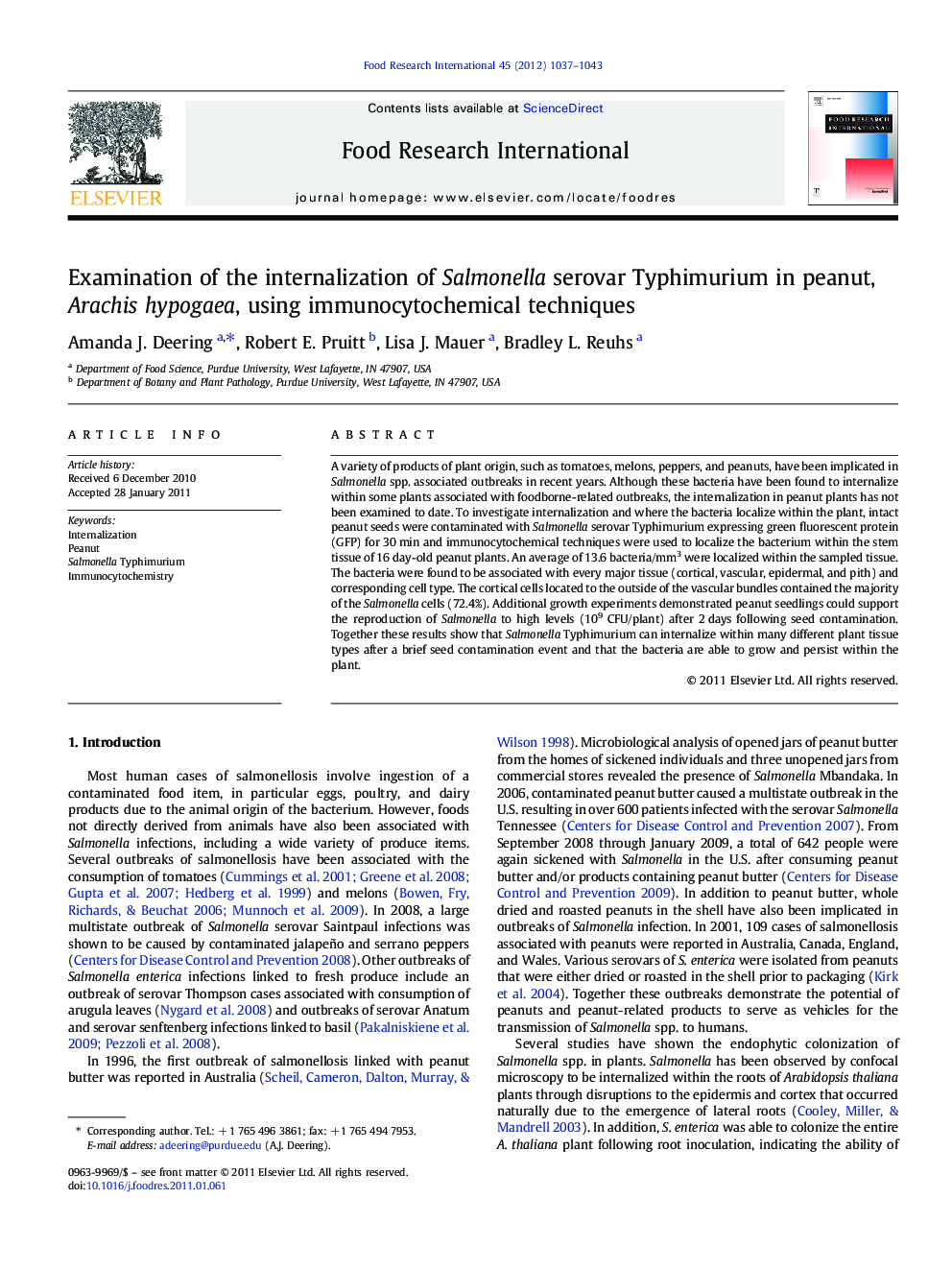 Examination of the internalization of Salmonella serovar Typhimurium in peanut, Arachis hypogaea, using immunocytochemical techniques