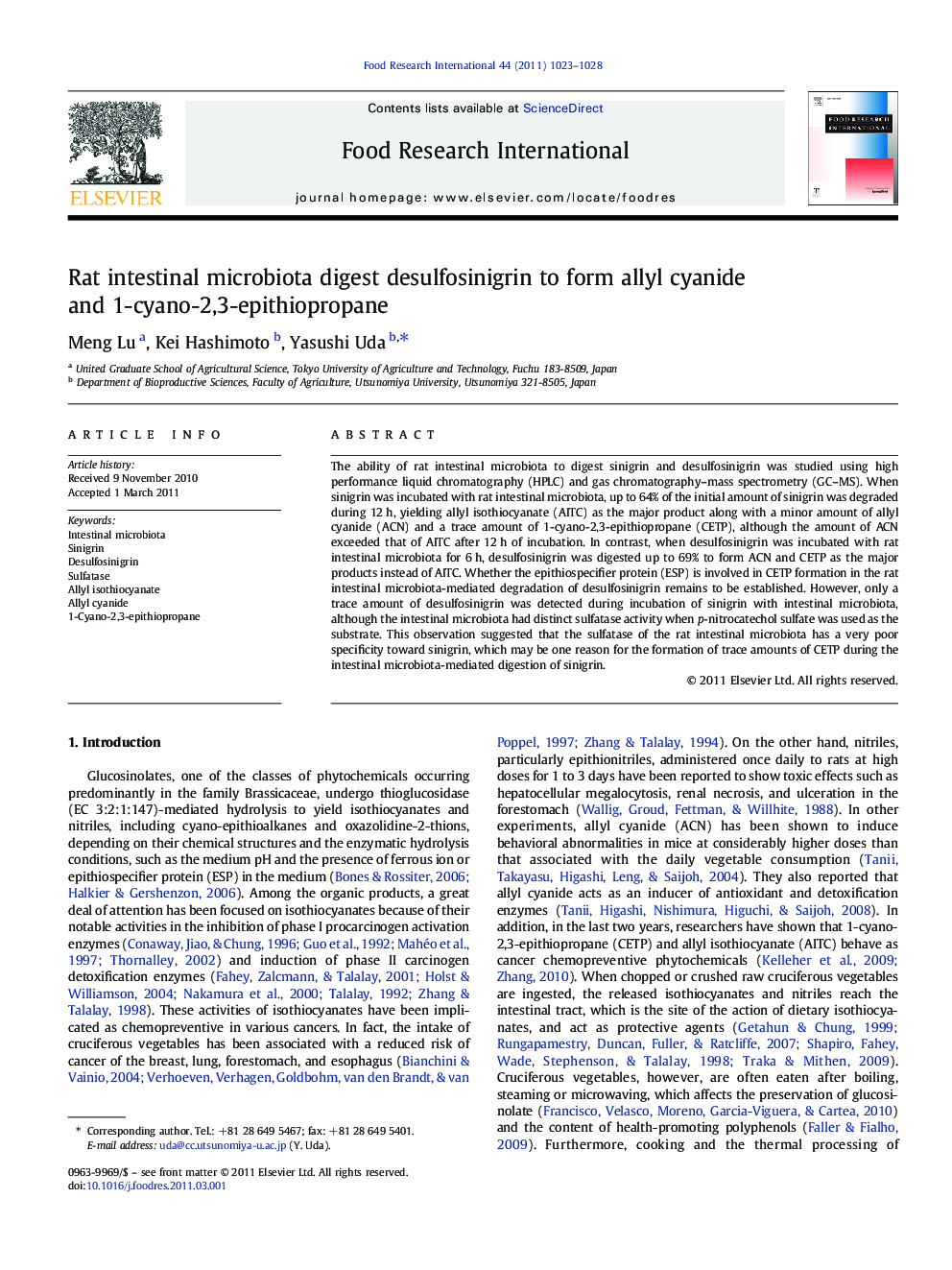Rat intestinal microbiota digest desulfosinigrin to form allyl cyanide and 1-cyano-2,3-epithiopropane