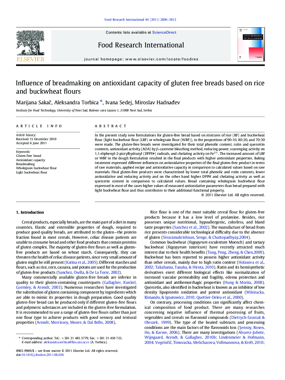 Influence of breadmaking on antioxidant capacity of gluten free breads based on rice and buckwheat flours