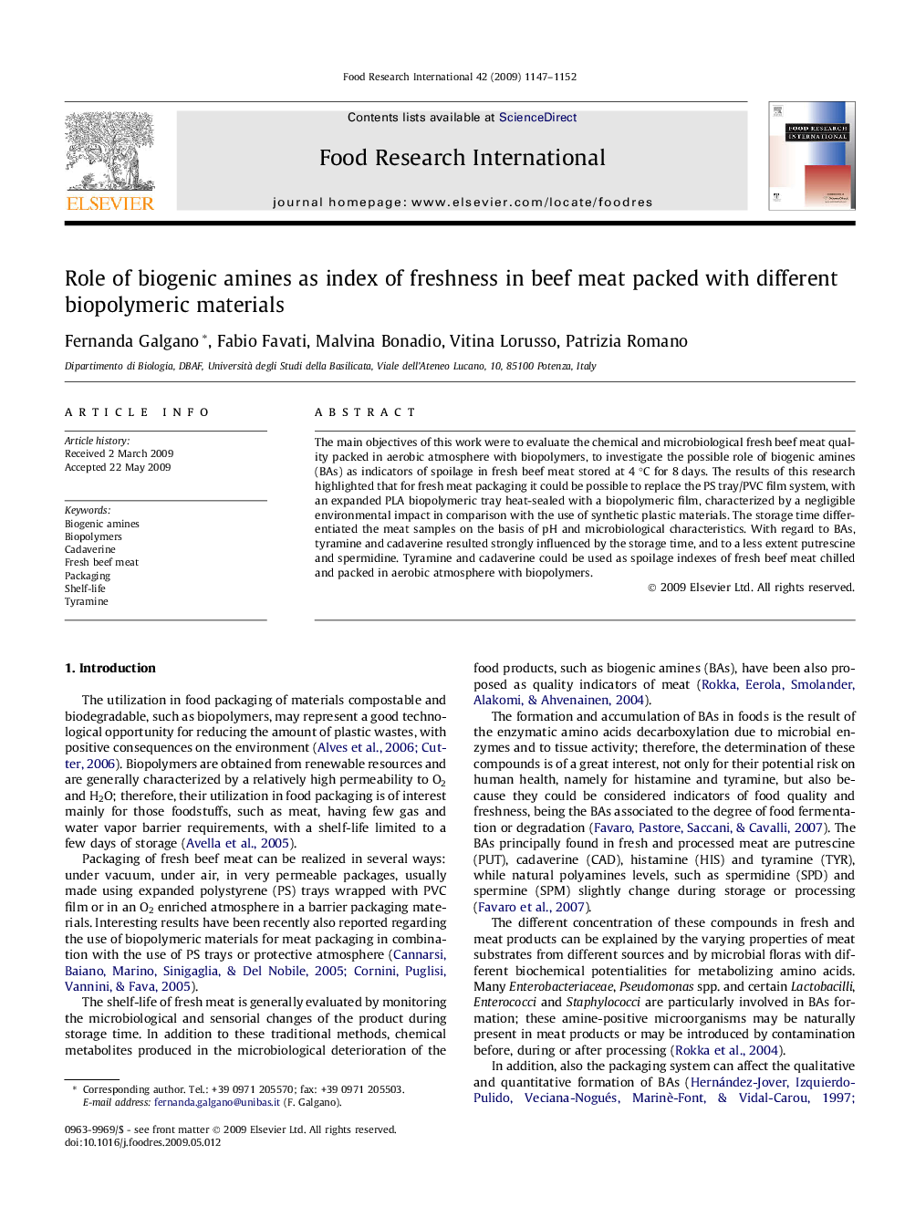 Role of biogenic amines as index of freshness in beef meat packed with different biopolymeric materials