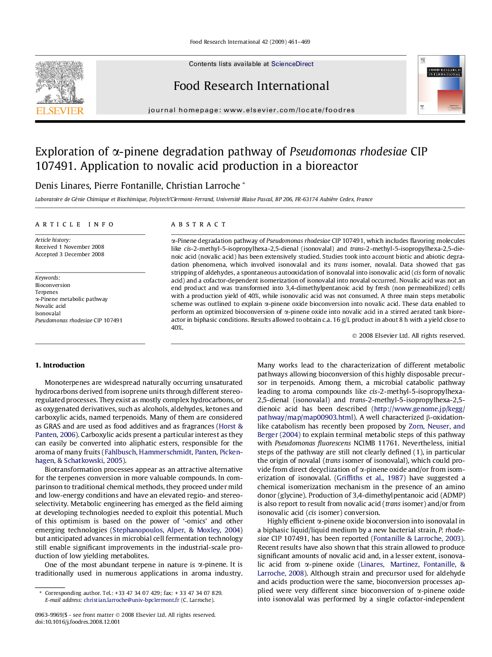 Exploration of α-pinene degradation pathway of Pseudomonas rhodesiae CIP 107491. Application to novalic acid production in a bioreactor