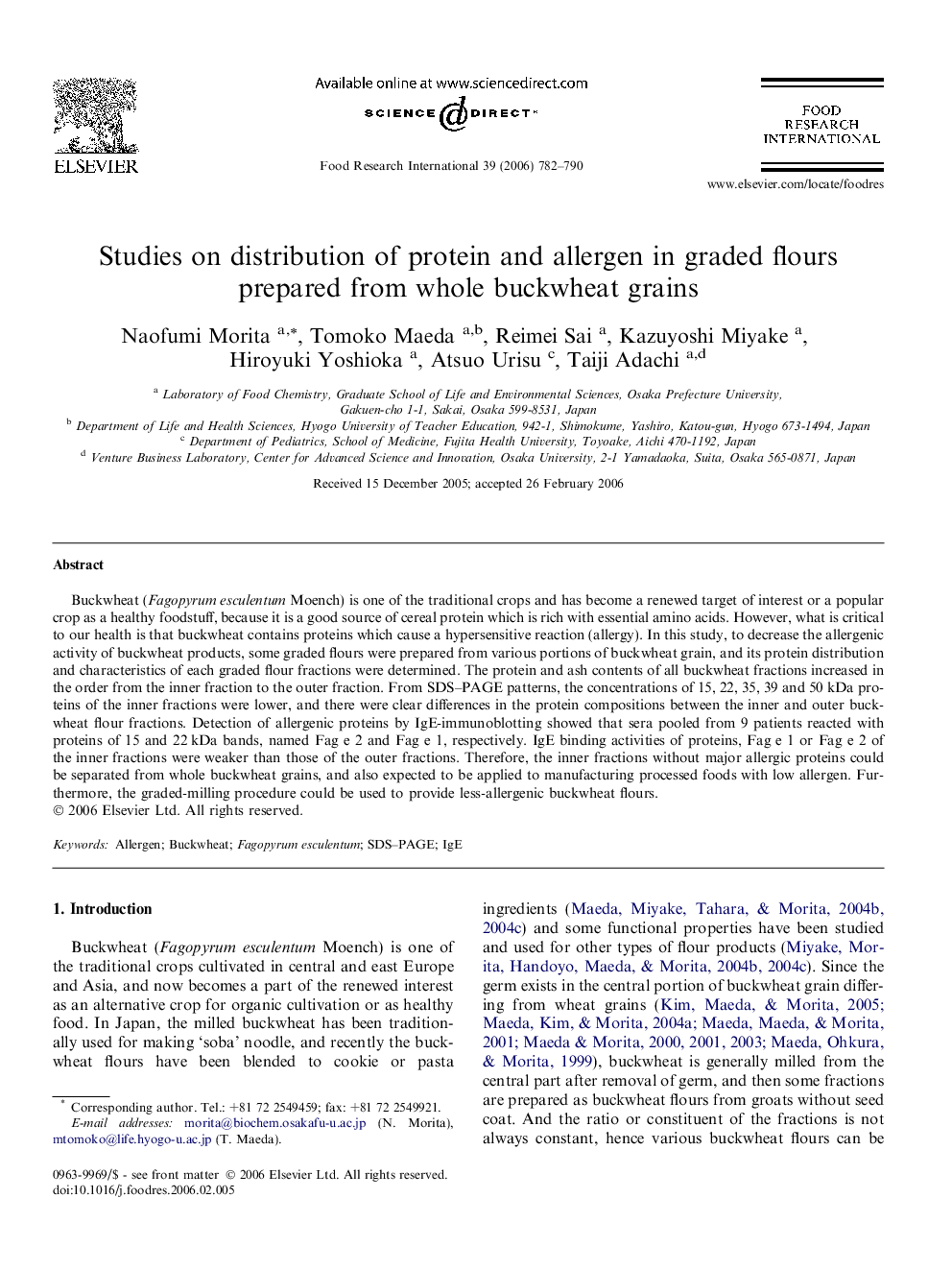 Studies on distribution of protein and allergen in graded flours prepared from whole buckwheat grains