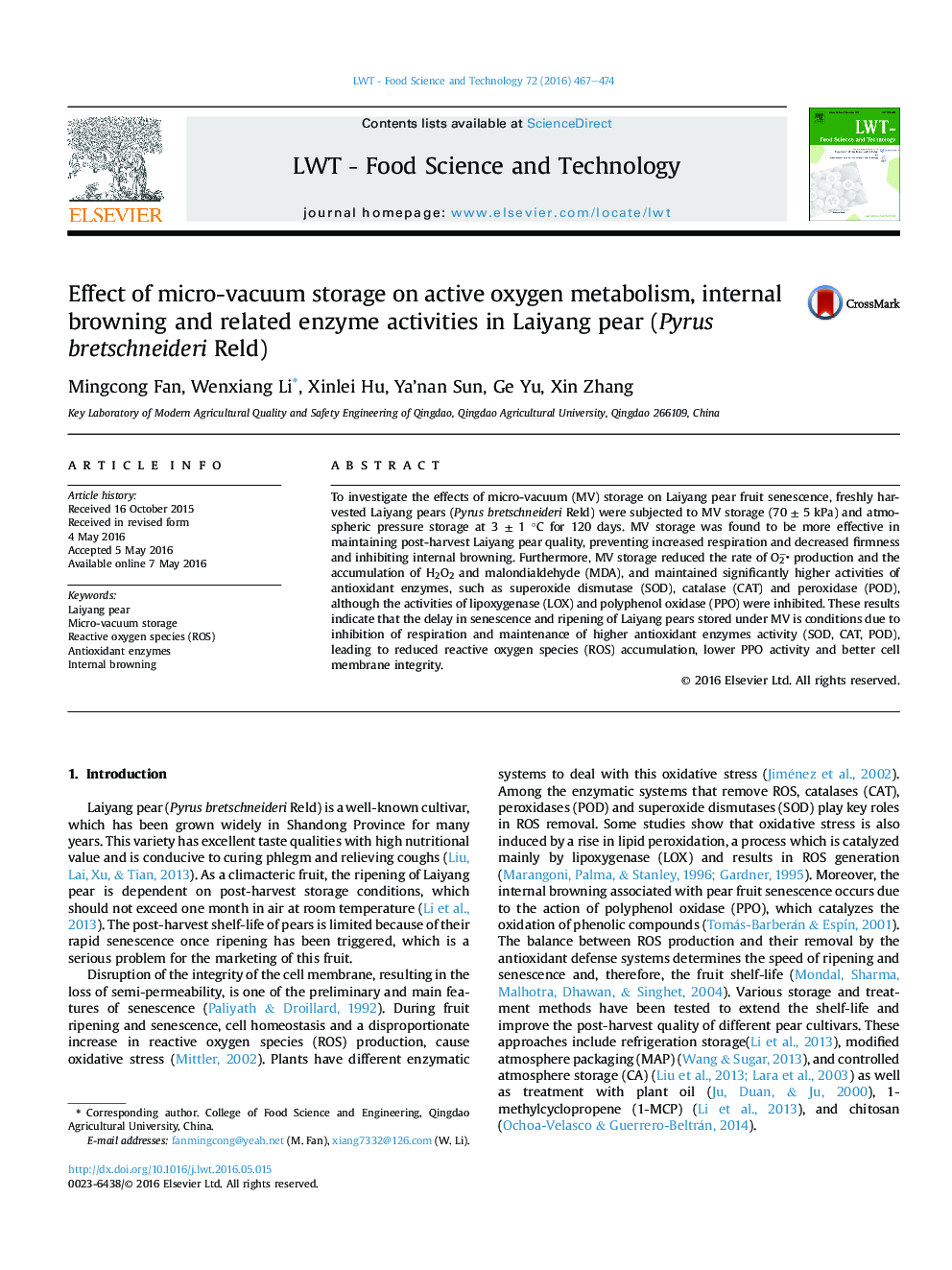 Effect of micro-vacuum storage on active oxygen metabolism, internal browning and related enzyme activities in Laiyang pear (Pyrus bretschneideri Reld)