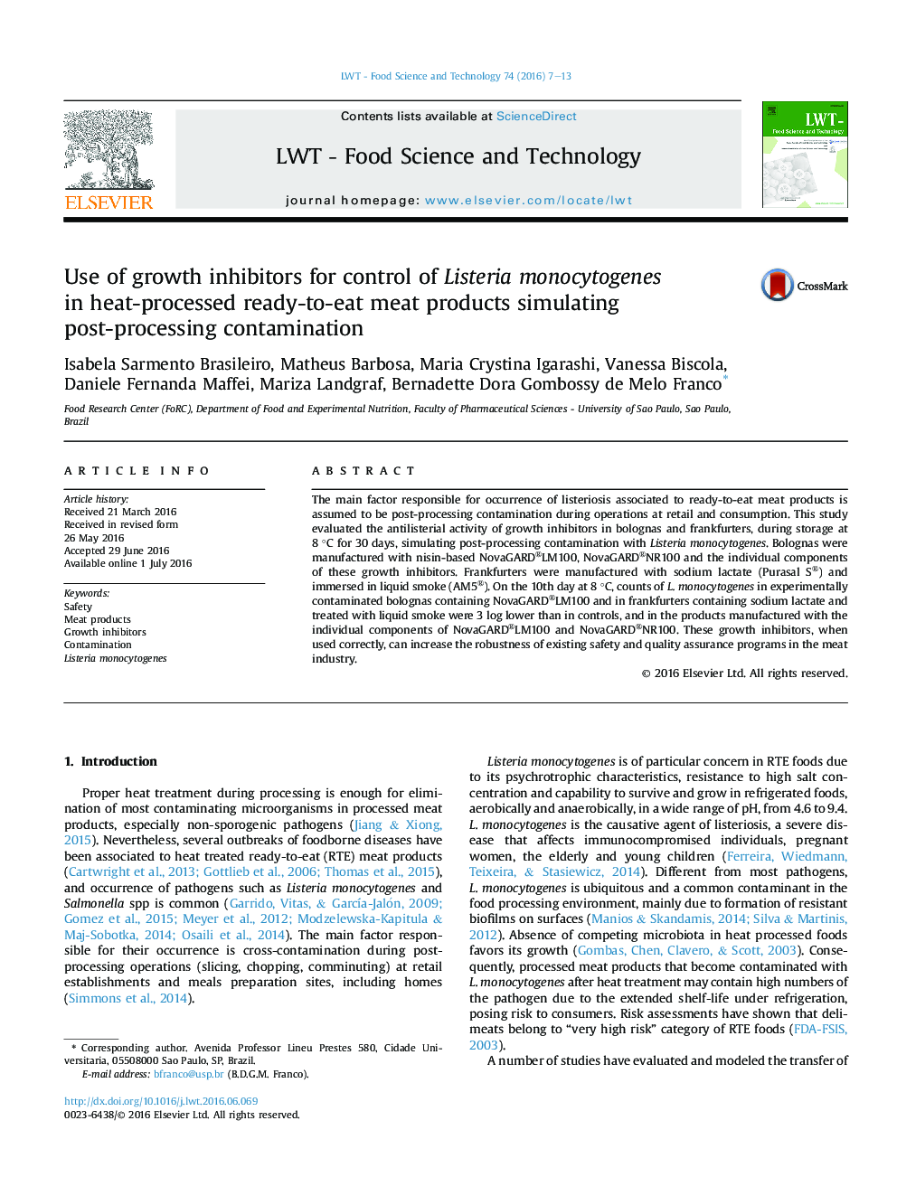Use of growth inhibitors for control of Listeria monocytogenes in heat-processed ready-to-eat meat products simulating post-processing contamination