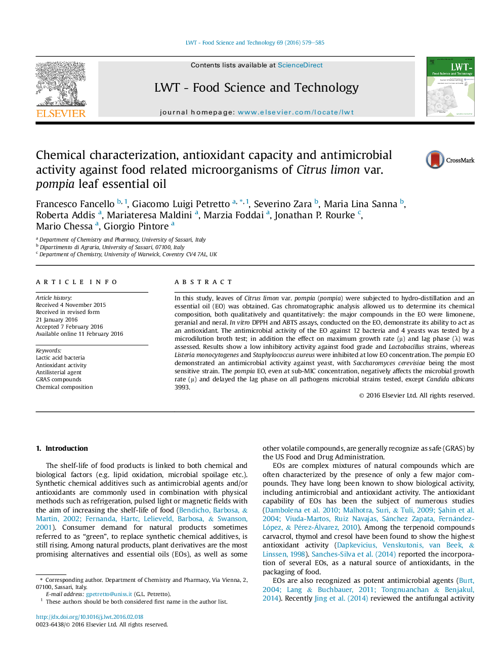 Chemical characterization, antioxidant capacity and antimicrobial activity against food related microorganisms of Citrus limon var. pompia leaf essential oil