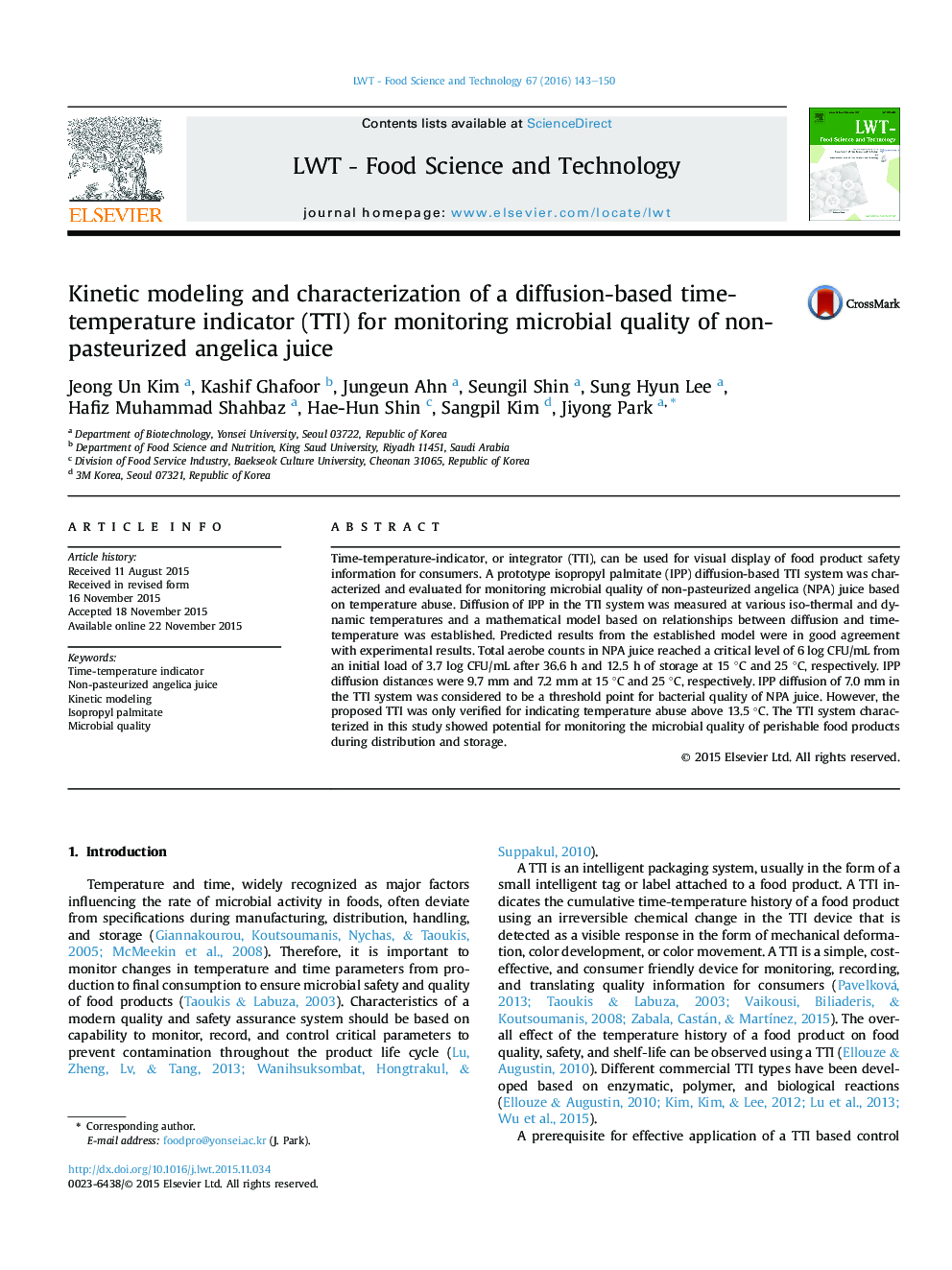 Kinetic modeling and characterization of a diffusion-based time-temperature indicator (TTI) for monitoring microbial quality of non-pasteurized angelica juice
