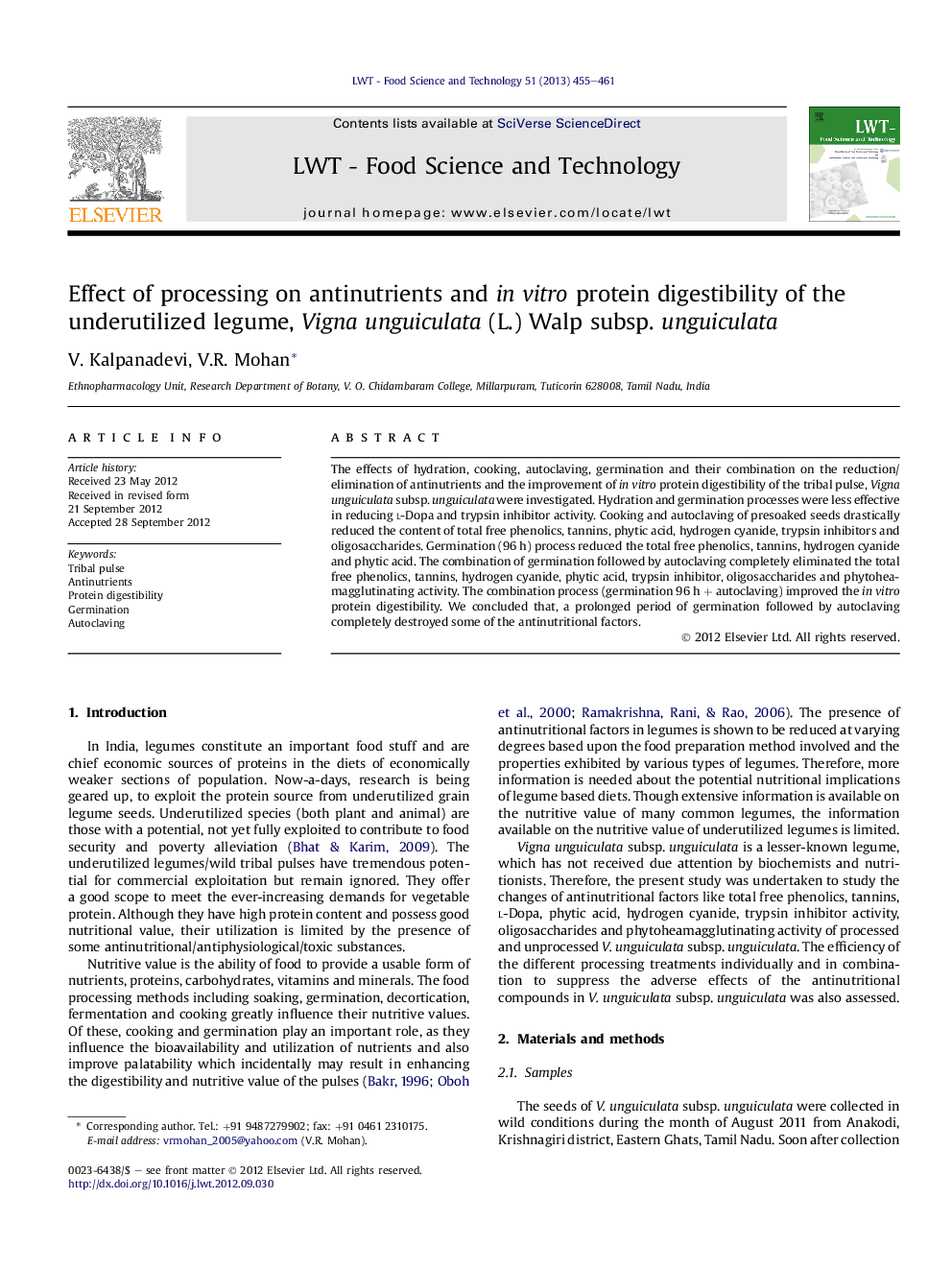 Effect of processing on antinutrients and in vitro protein digestibility of the underutilized legume, Vigna unguiculata (L.) Walp subsp. unguiculata