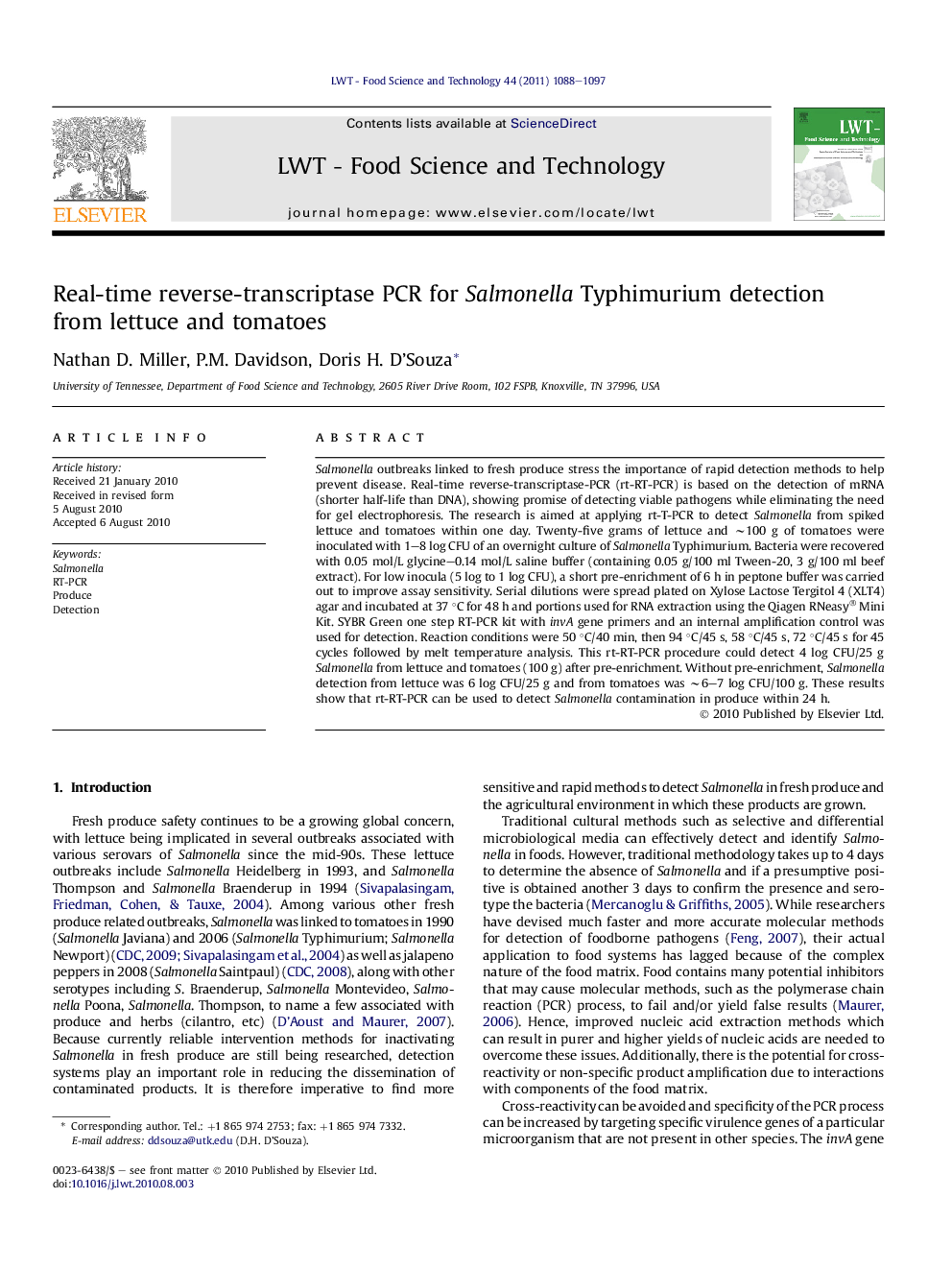 Real-time reverse-transcriptase PCR for Salmonella Typhimurium detection from lettuce and tomatoes