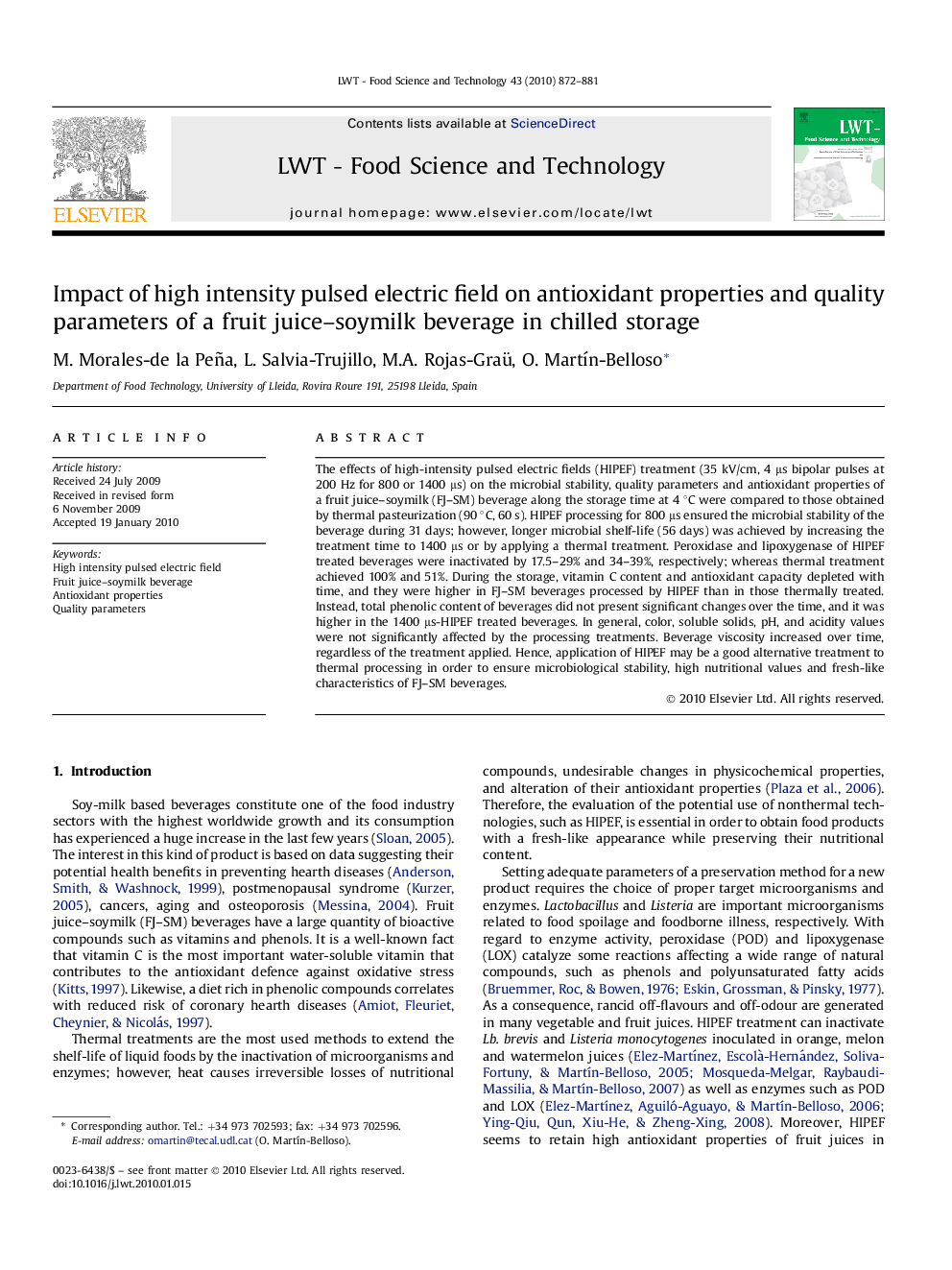 Impact of high intensity pulsed electric field on antioxidant properties and quality parameters of a fruit juice–soymilk beverage in chilled storage