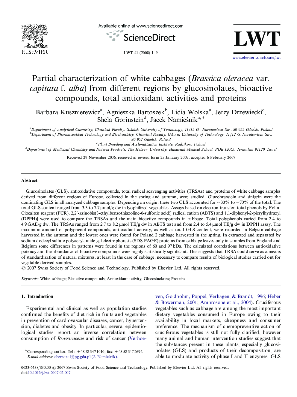 Partial characterization of white cabbages (Brassica oleracea var. capitata f. alba) from different regions by glucosinolates, bioactive compounds, total antioxidant activities and proteins