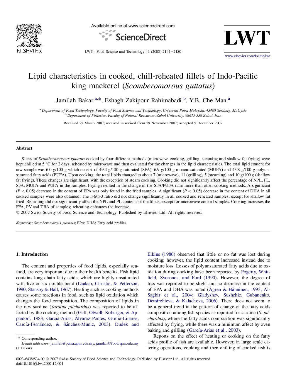 Lipid characteristics in cooked, chill-reheated fillets of Indo-Pacific king mackerel (Scomberomorous guttatus)