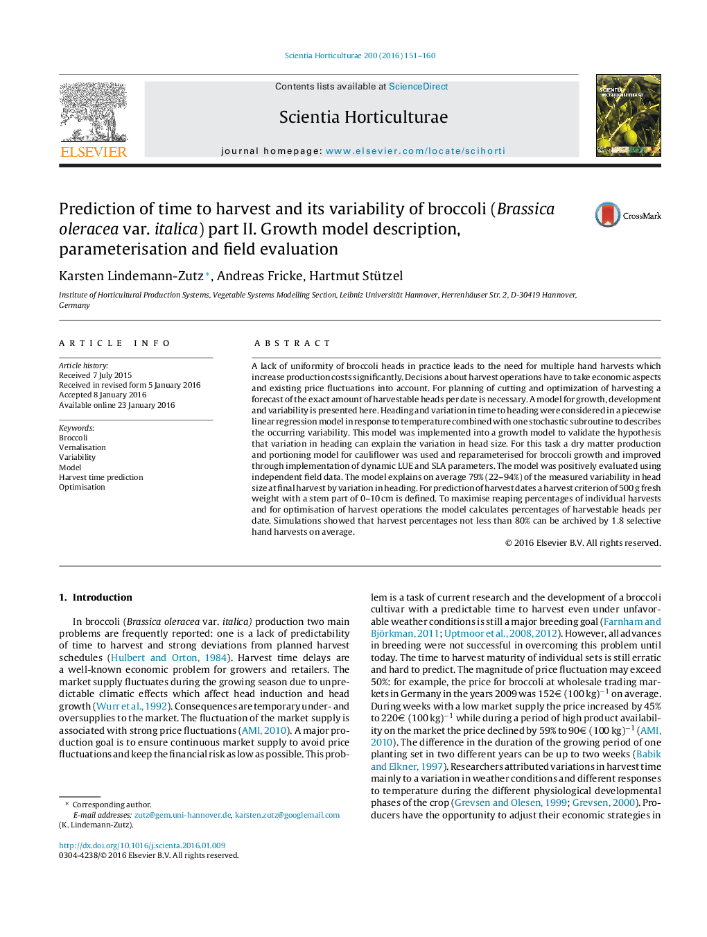 Prediction of time to harvest and its variability of broccoli (Brassica oleracea var. italica) part II. Growth model description, parameterisation and field evaluation