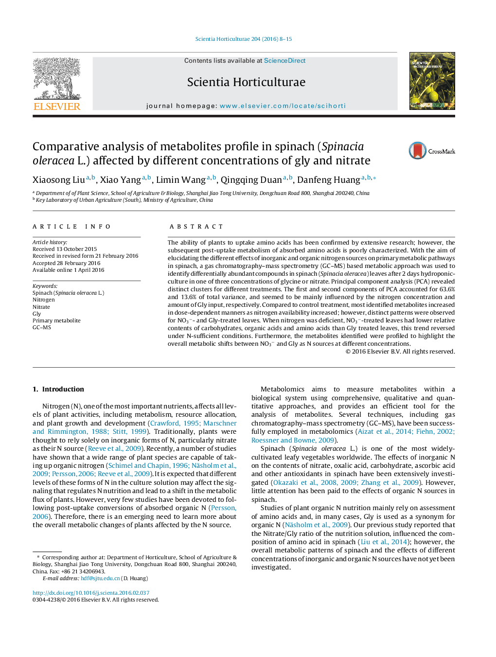 Comparative analysis of metabolites profile in spinach (Spinacia oleracea L.) affected by different concentrations of gly and nitrate