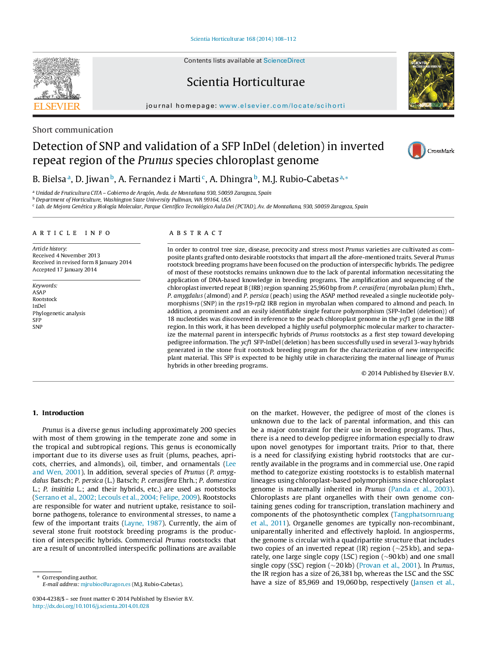 Detection of SNP and validation of a SFP InDel (deletion) in inverted repeat region of the Prunus species chloroplast genome