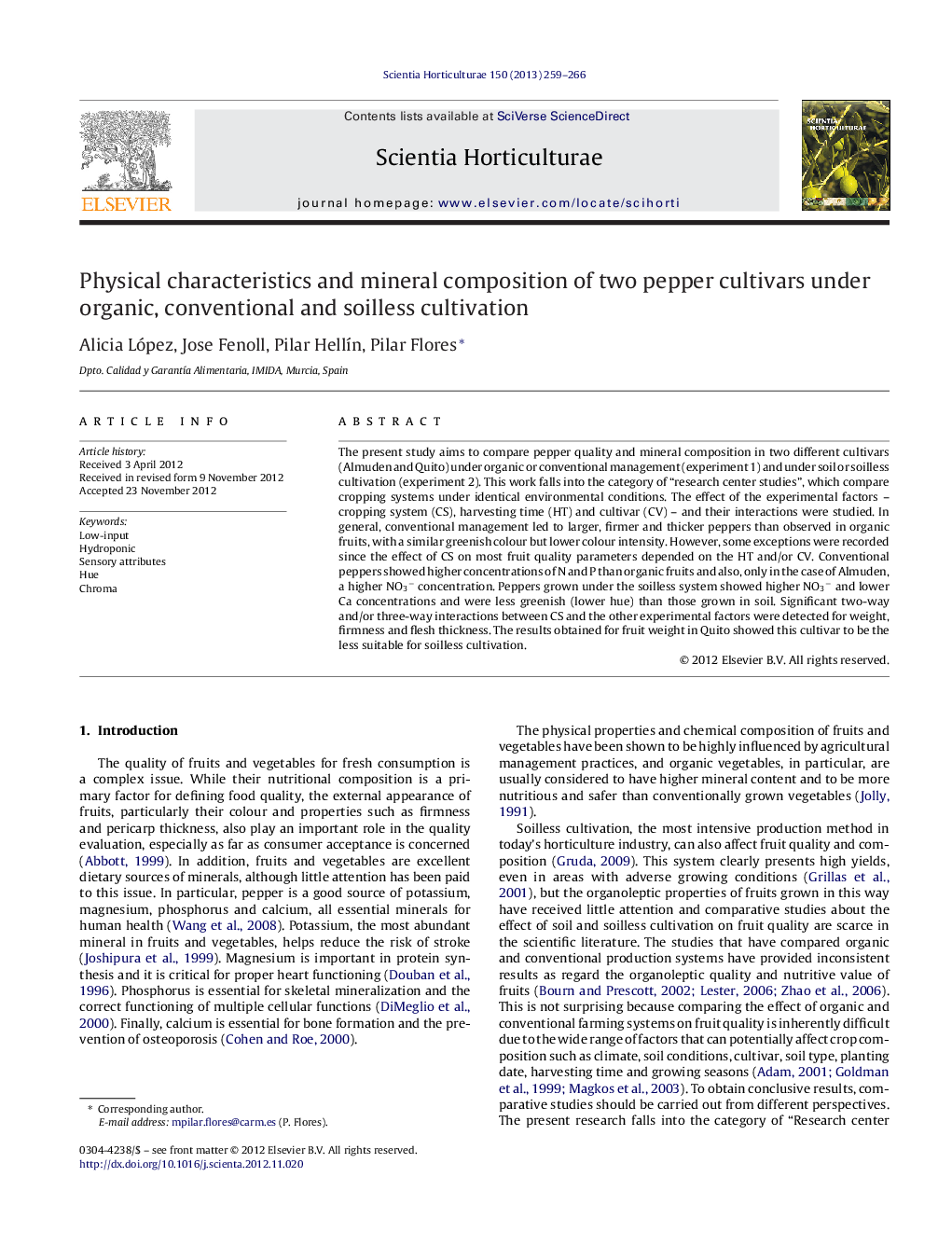 Physical characteristics and mineral composition of two pepper cultivars under organic, conventional and soilless cultivation