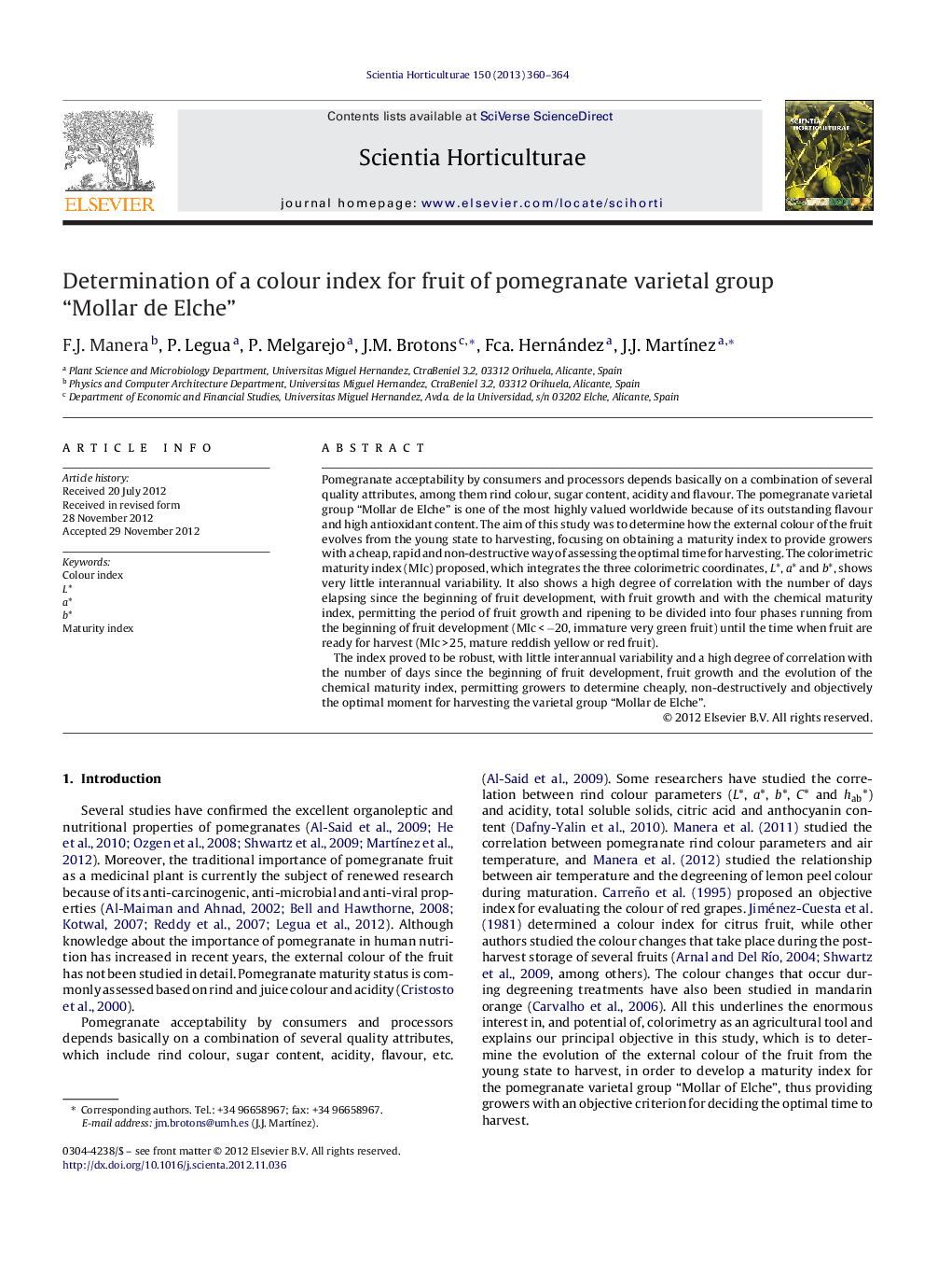 Determination of a colour index for fruit of pomegranate varietal group “Mollar de Elche”