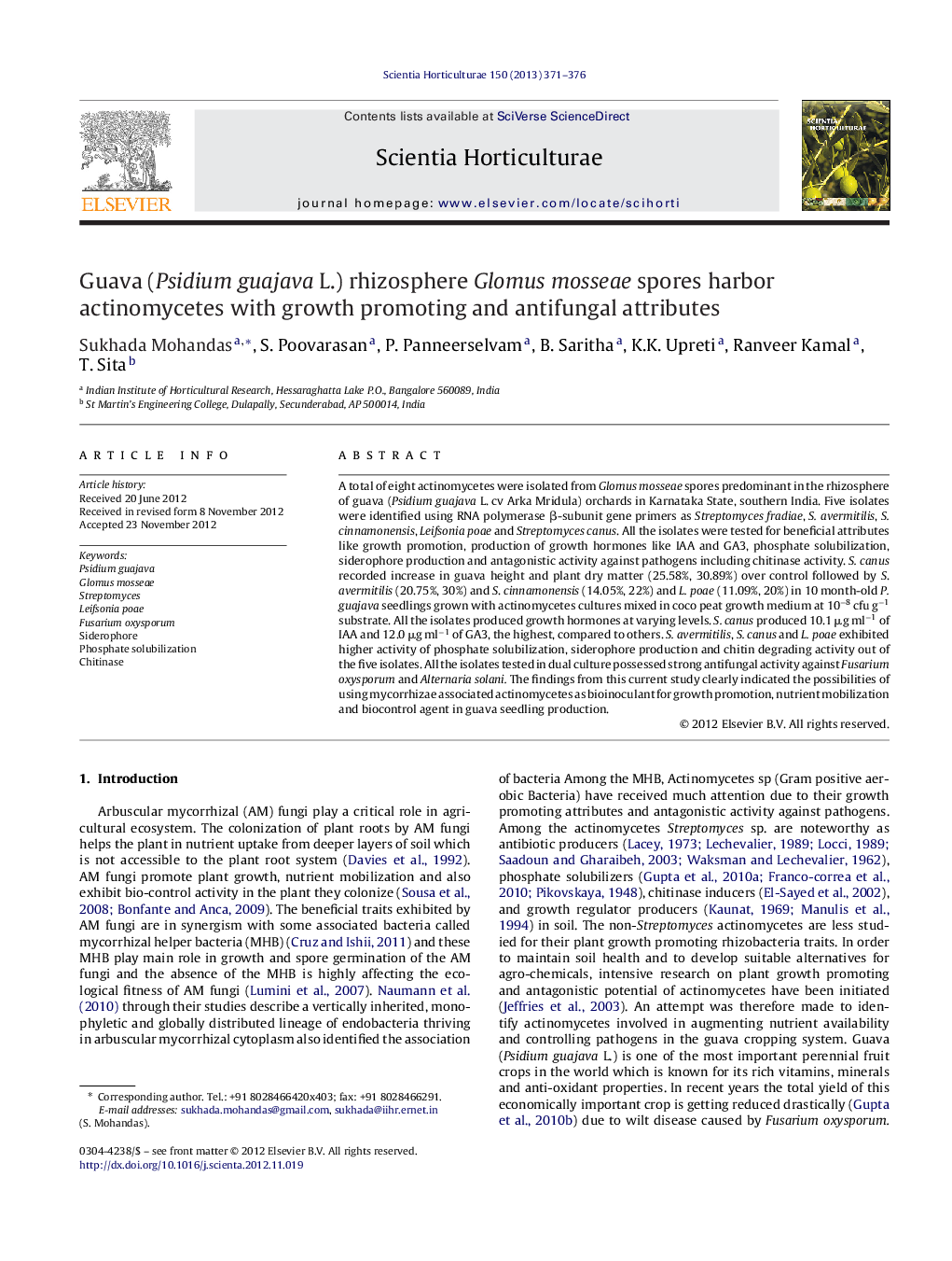 Guava (Psidium guajava L.) rhizosphere Glomus mosseae spores harbor actinomycetes with growth promoting and antifungal attributes