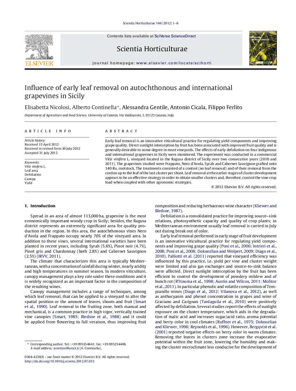 Influence of early leaf removal on autochthonous and international grapevines in Sicily