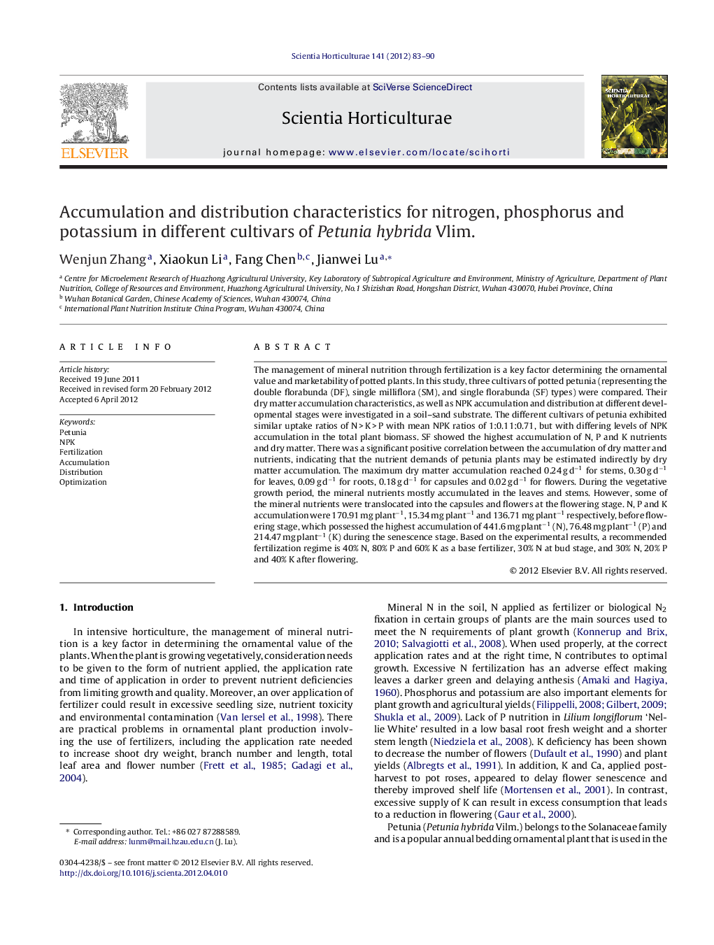 Accumulation and distribution characteristics for nitrogen, phosphorus and potassium in different cultivars of Petunia hybrida Vlim.
