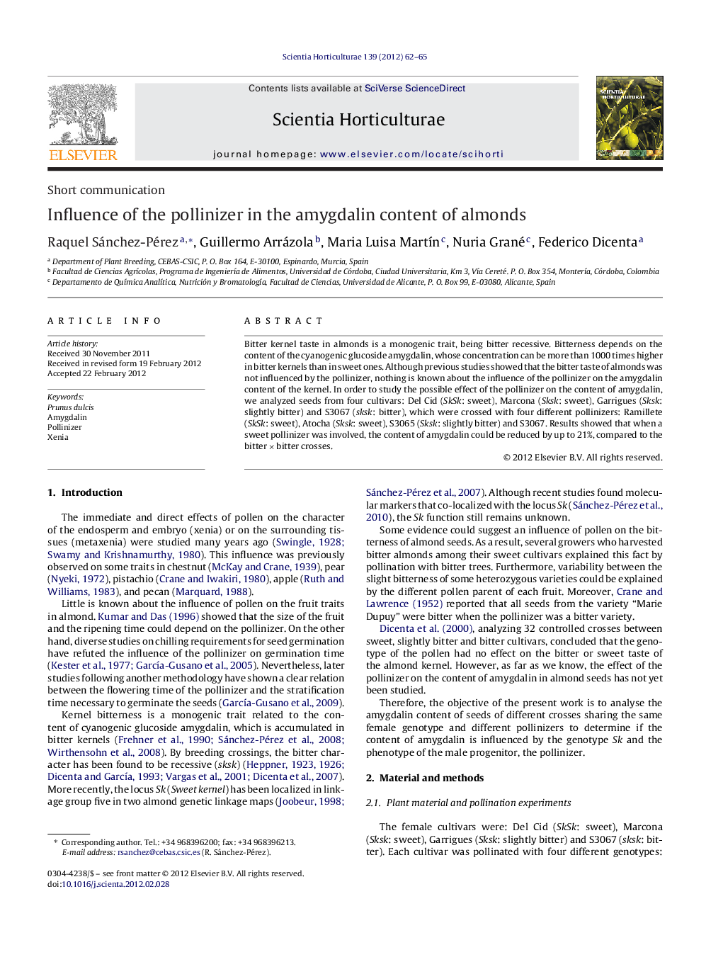 Influence of the pollinizer in the amygdalin content of almonds