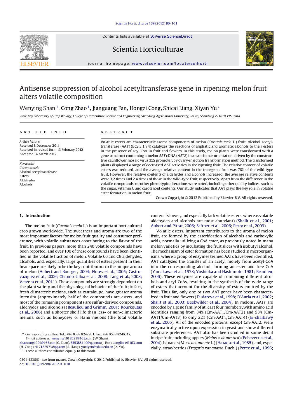 Antisense suppression of alcohol acetyltransferase gene in ripening melon fruit alters volatile composition