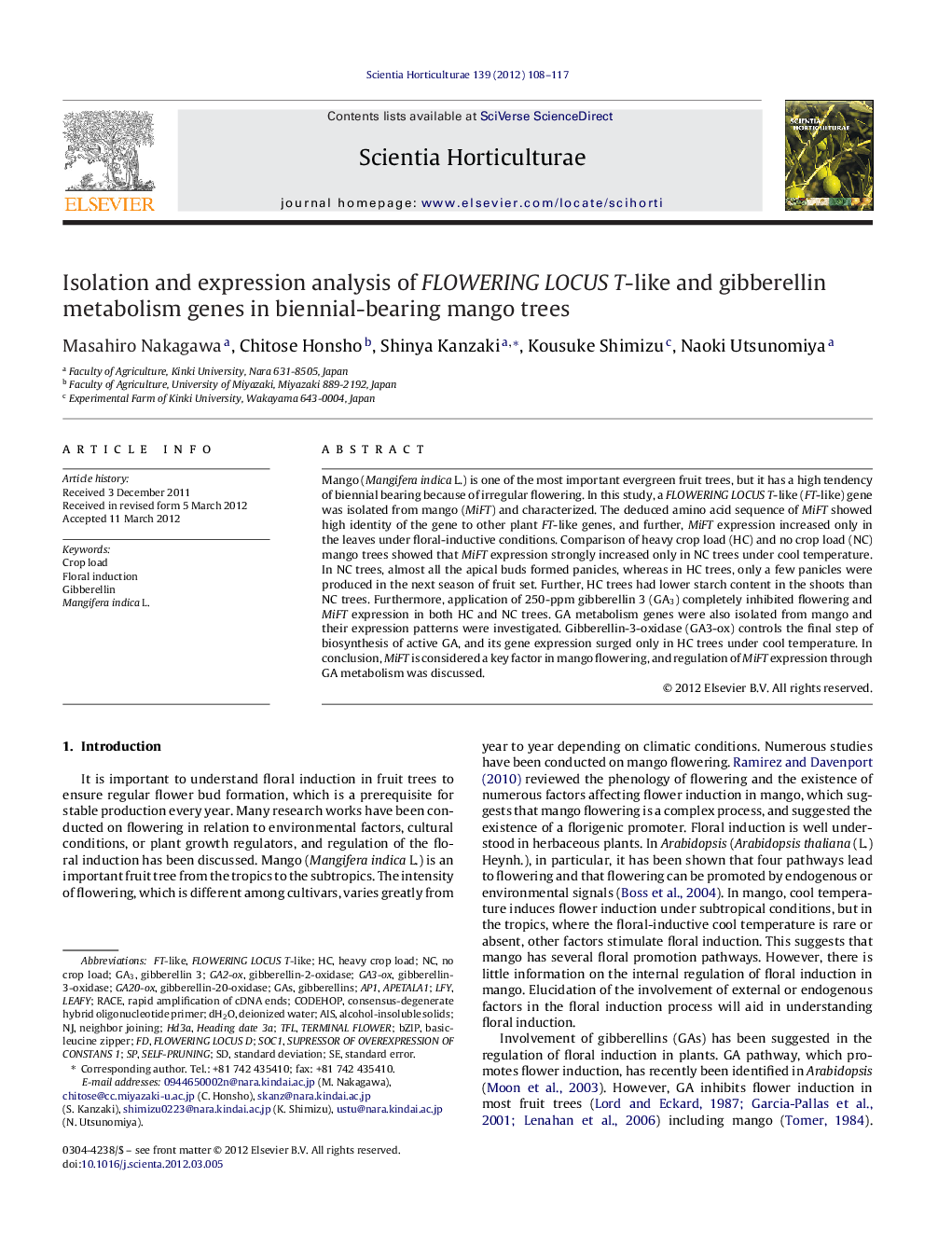 Isolation and expression analysis of FLOWERING LOCUS T-like and gibberellin metabolism genes in biennial-bearing mango trees