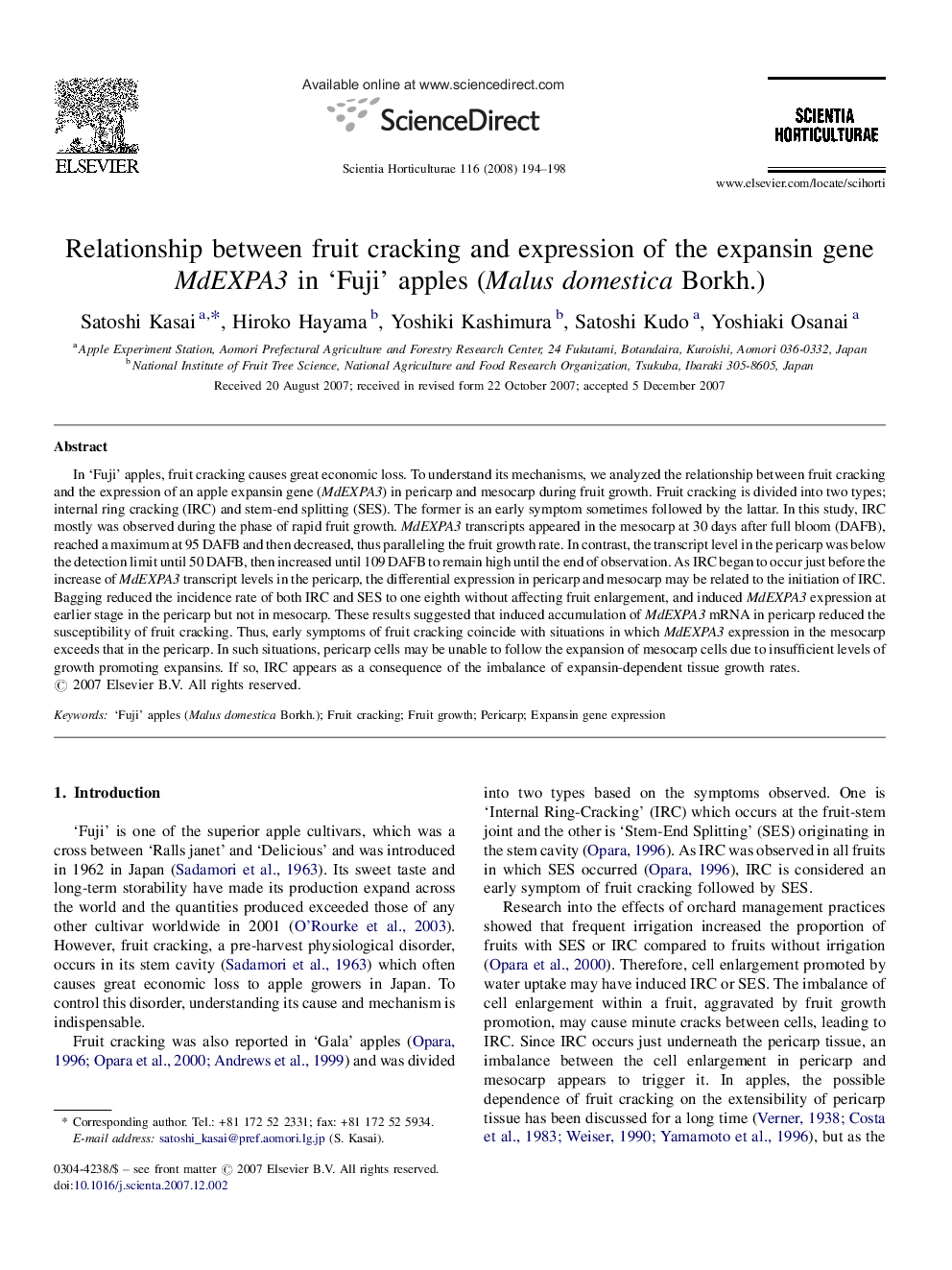 Relationship between fruit cracking and expression of the expansin gene MdEXPA3 in ‘Fuji’ apples (Malus domestica Borkh.)