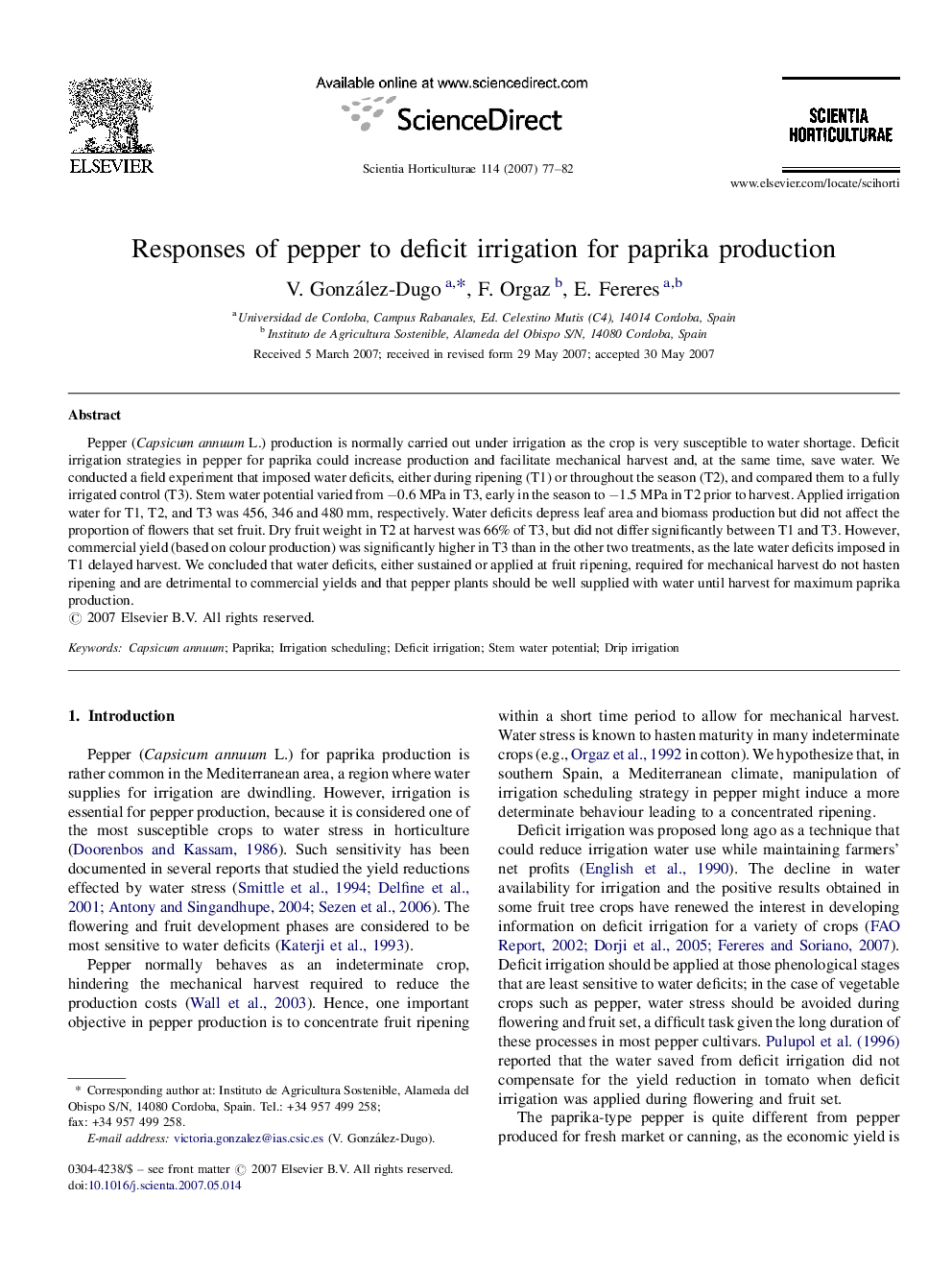 Responses of pepper to deficit irrigation for paprika production