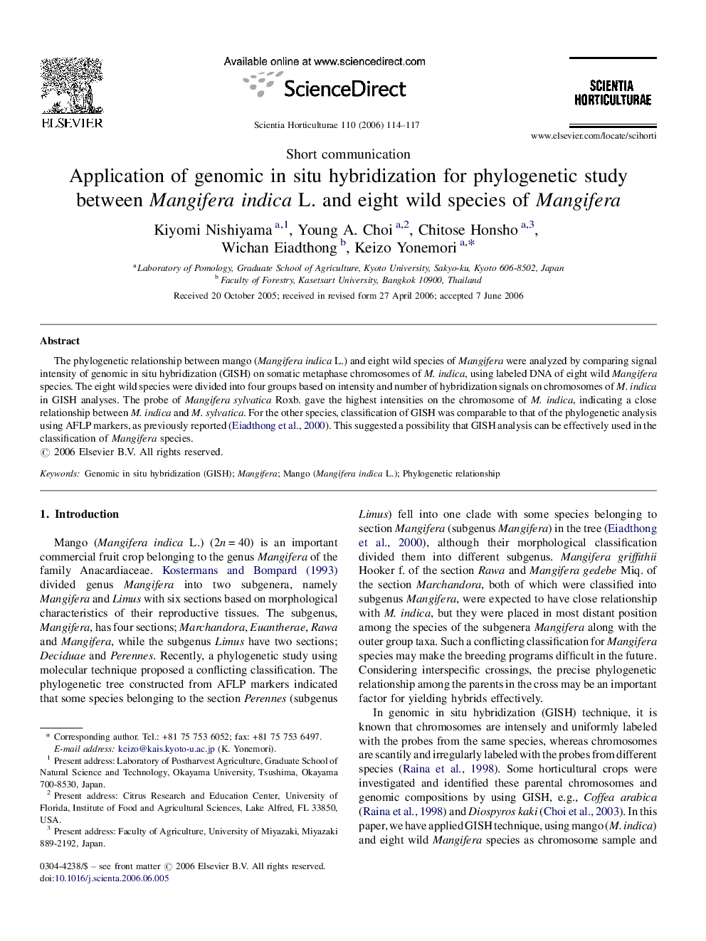 Application of genomic in situ hybridization for phylogenetic study between Mangifera indica L. and eight wild species of Mangifera