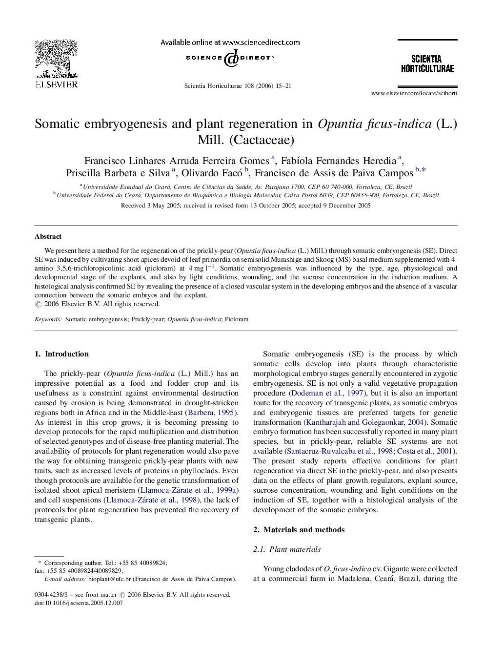 Somatic embryogenesis and plant regeneration in Opuntia ficus-indica (L.) Mill. (Cactaceae)