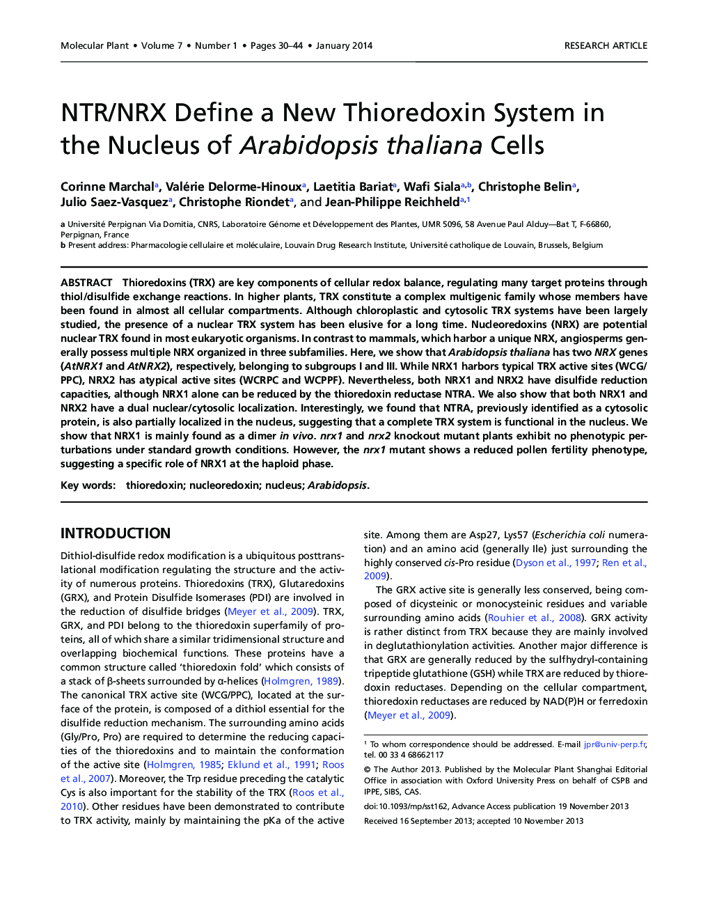 NTR/NRX Define a New Thioredoxin System in the Nucleus of Arabidopsis thaliana Cells 