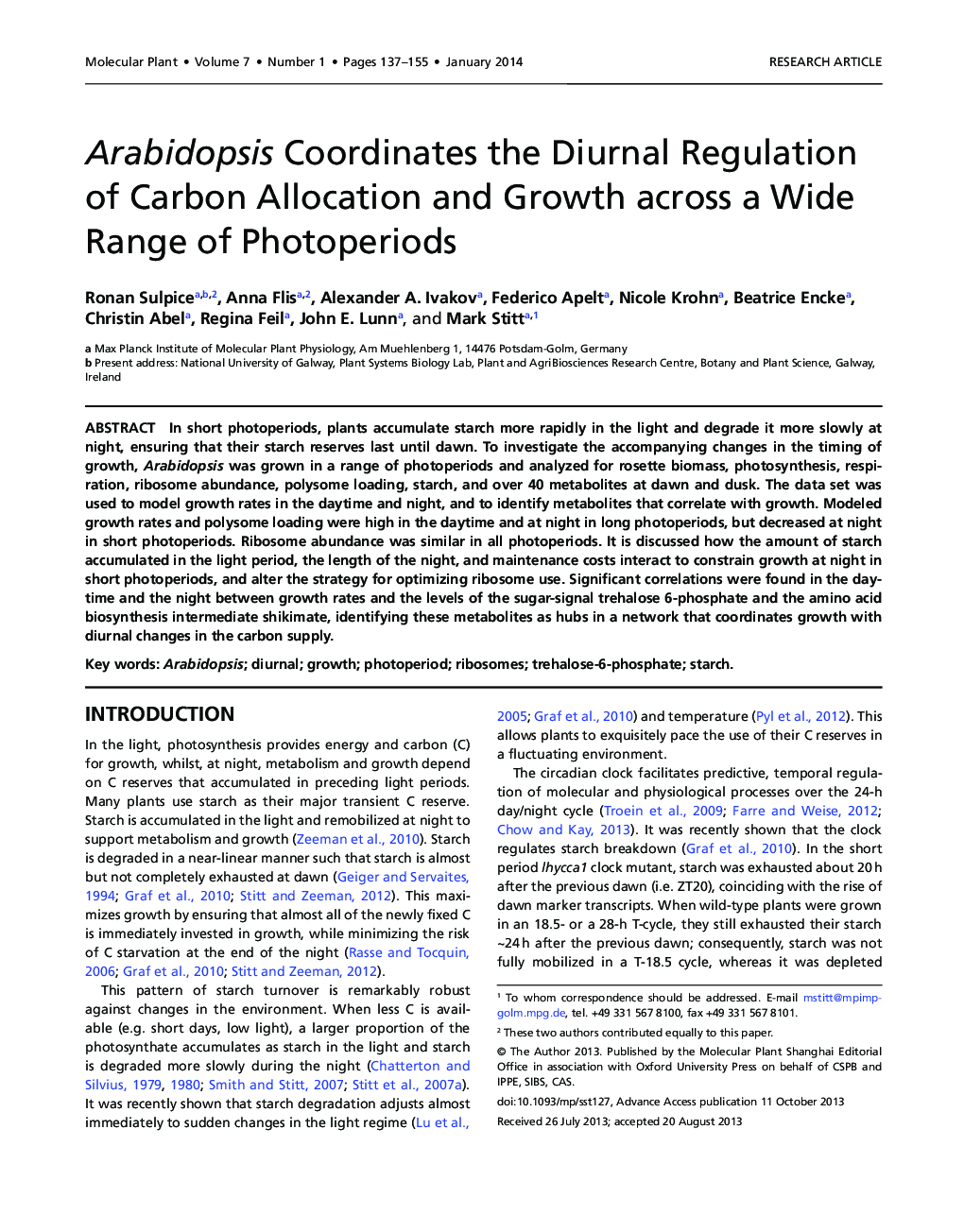 Arabidopsis Coordinates the Diurnal Regulation of Carbon Allocation and Growth across a Wide Range of Photoperiods 