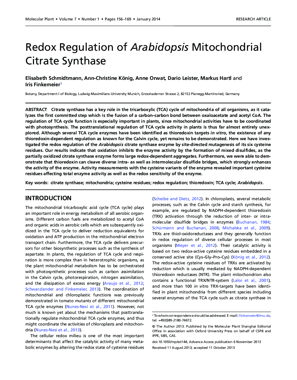 Redox Regulation of Arabidopsis Mitochondrial Citrate Synthase 