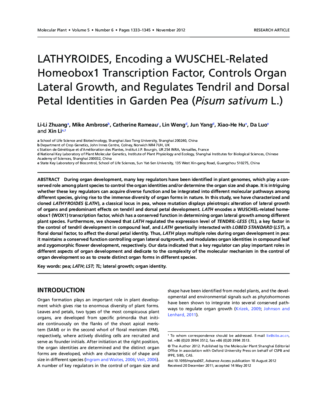 LATHYROIDES, Encoding a WUSCHEL-Related Homeobox1 Transcription Factor, Controls Organ Lateral Growth, and Regulates Tendril and Dorsal Petal Identities in Garden Pea (Pisum sativum L.) 