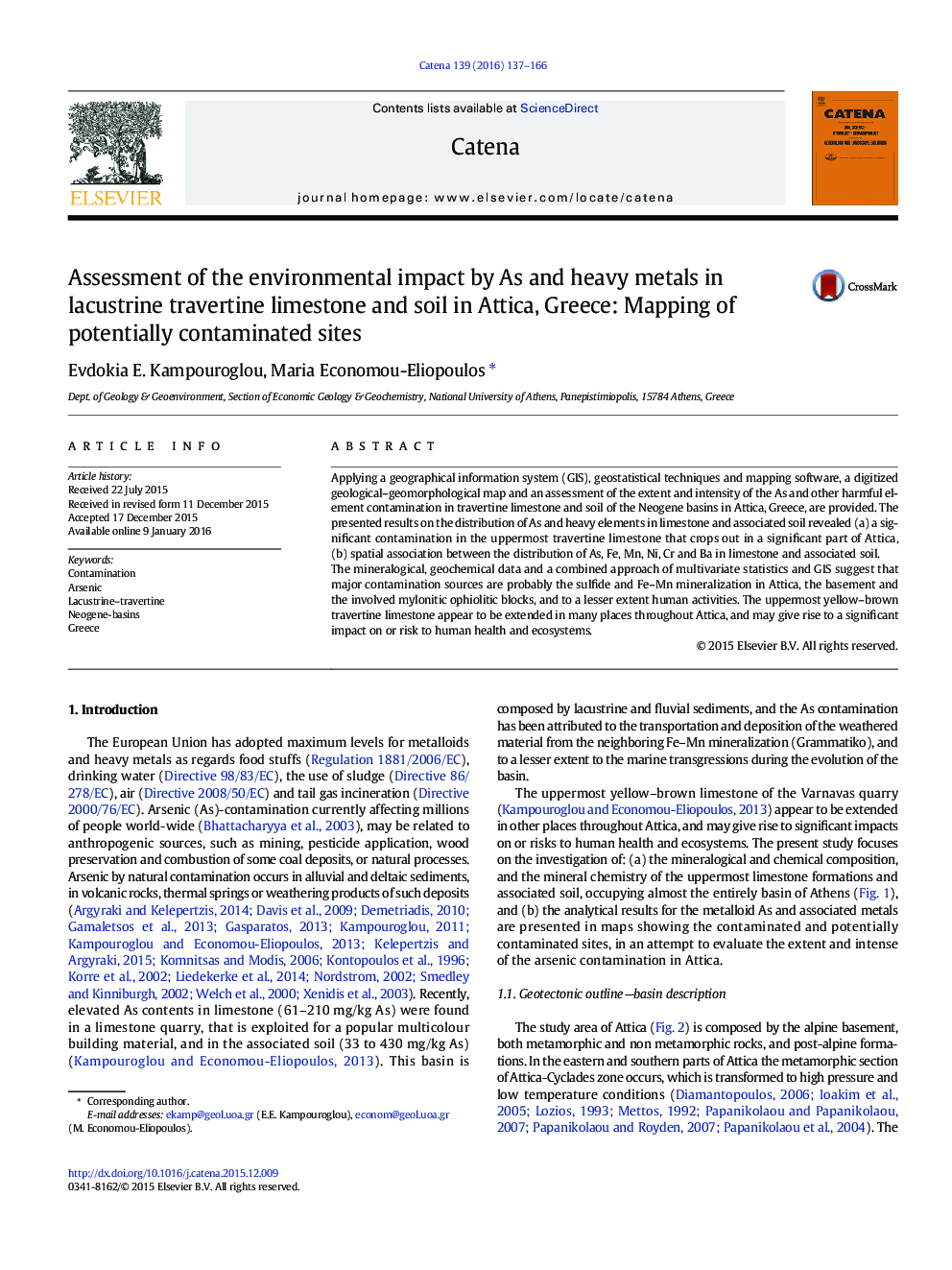 Assessment of the environmental impact by As and heavy metals in lacustrine travertine limestone and soil in Attica, Greece: Mapping of potentially contaminated sites