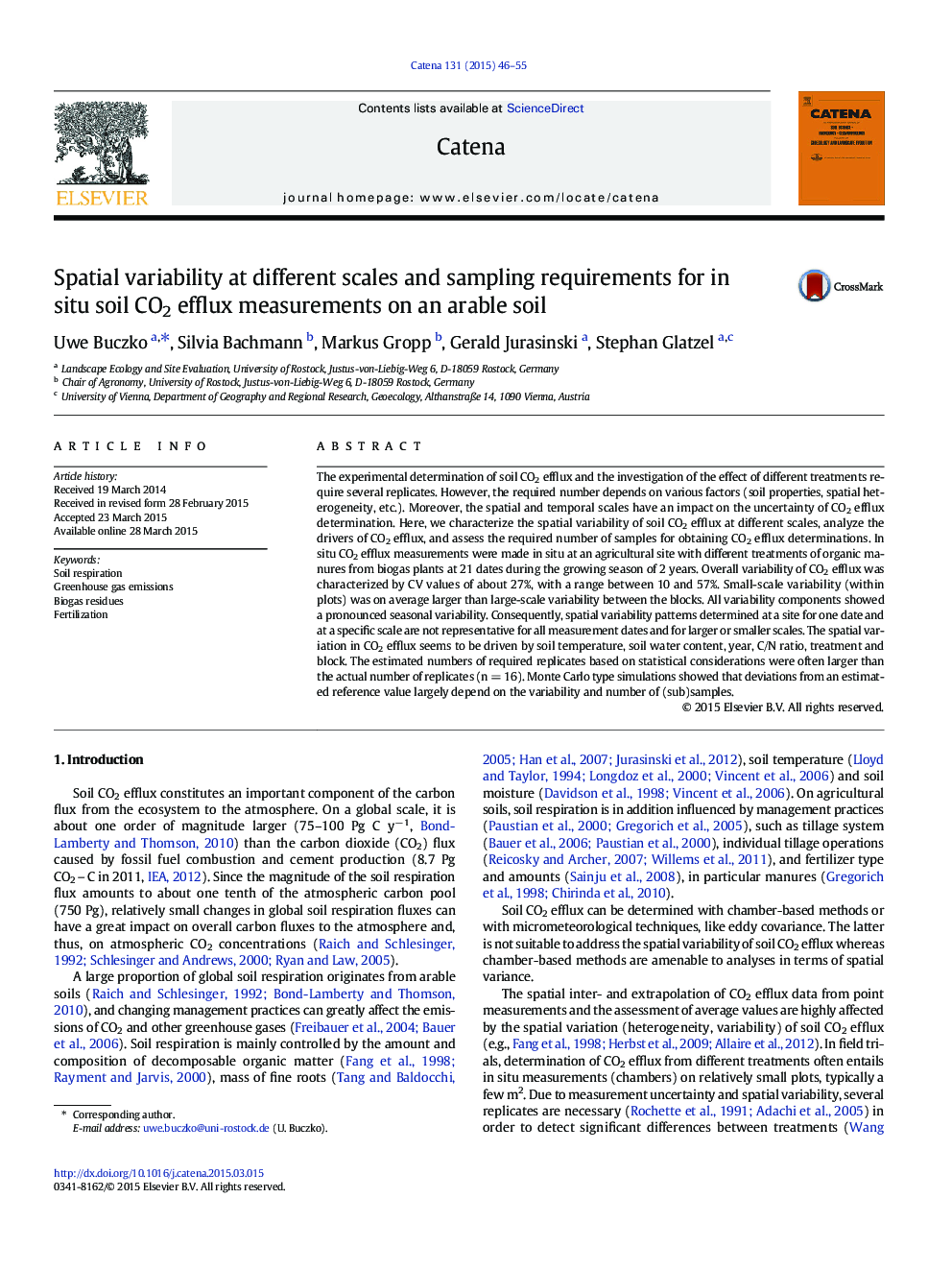 Spatial variability at different scales and sampling requirements for in situ soil CO2 efflux measurements on an arable soil