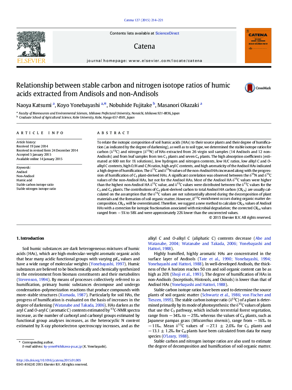 Relationship between stable carbon and nitrogen isotope ratios of humic acids extracted from Andisols and non-Andisols