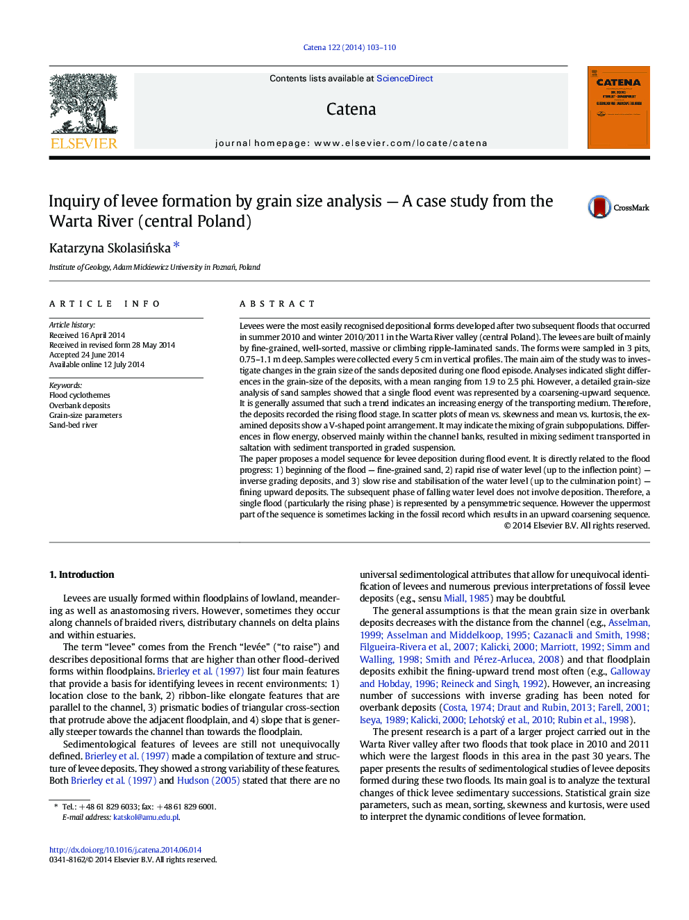 Inquiry of levee formation by grain size analysis — A case study from the Warta River (central Poland)