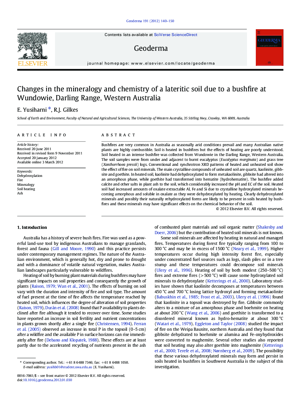Changes in the mineralogy and chemistry of a lateritic soil due to a bushfire at Wundowie, Darling Range, Western Australia