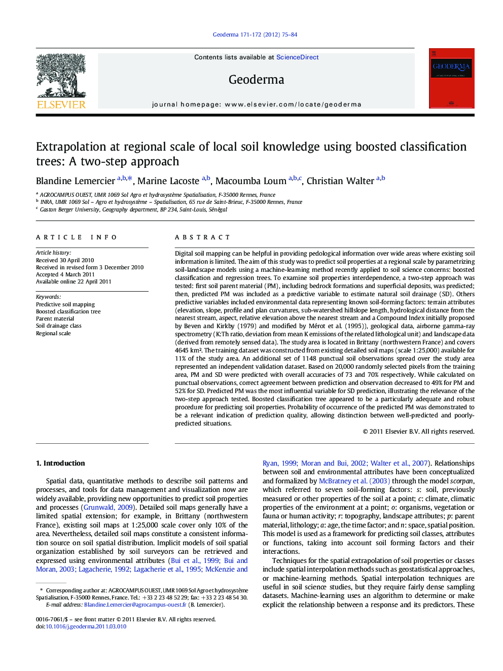 Extrapolation at regional scale of local soil knowledge using boosted classification trees: A two-step approach