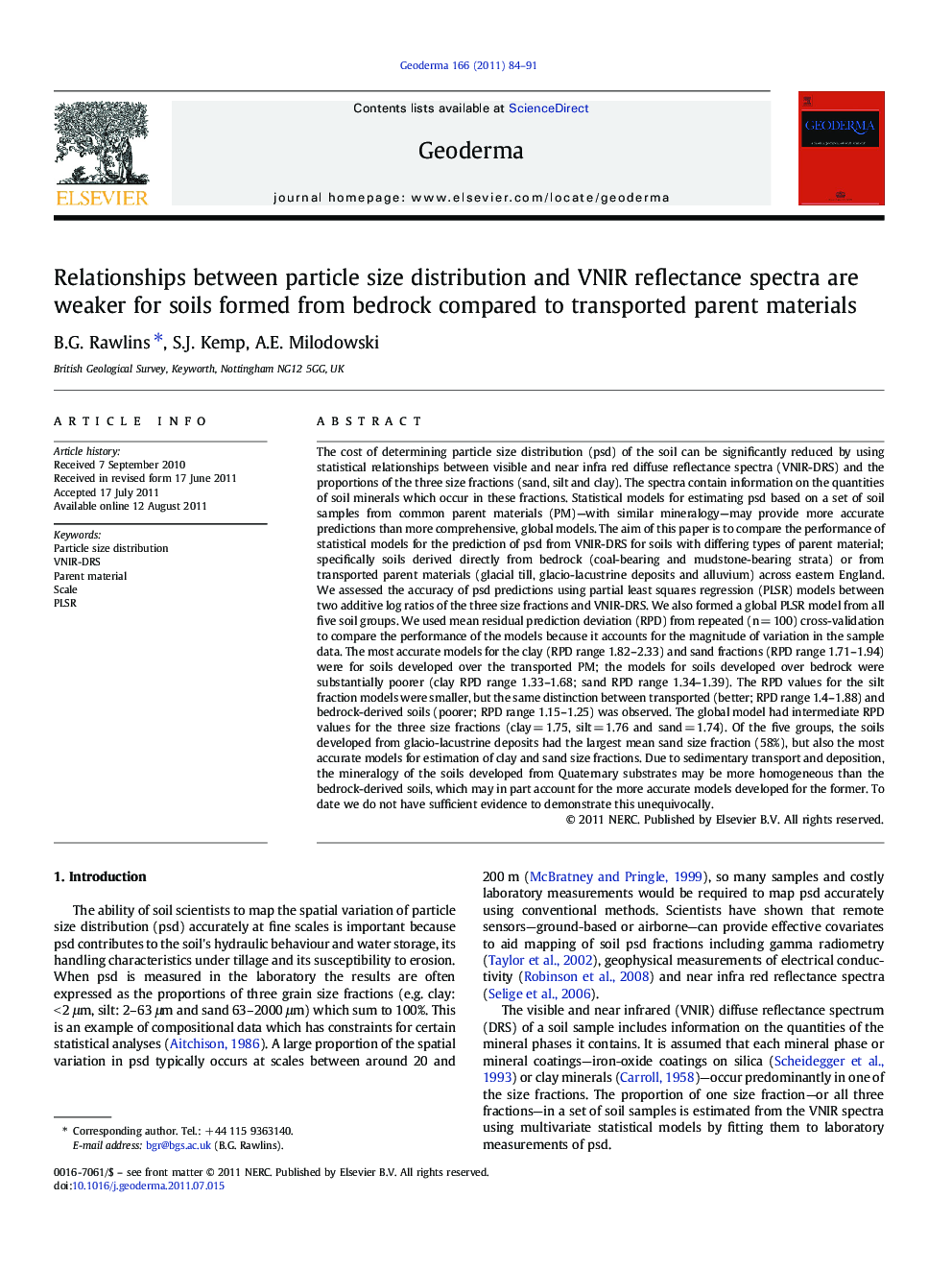 Relationships between particle size distribution and VNIR reflectance spectra are weaker for soils formed from bedrock compared to transported parent materials