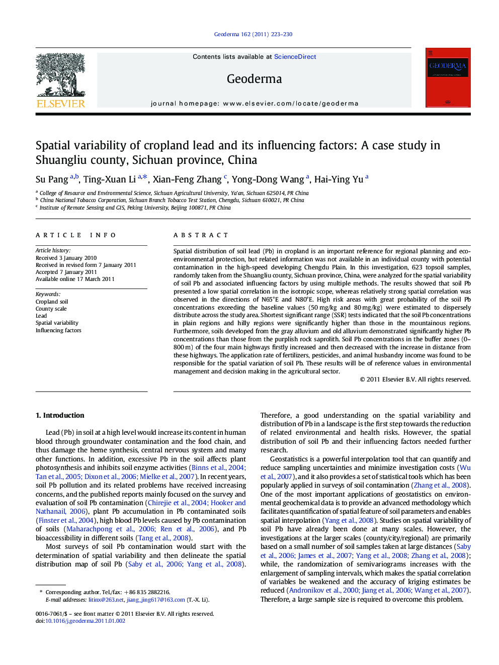 Spatial variability of cropland lead and its influencing factors: A case study in Shuangliu county, Sichuan province, China