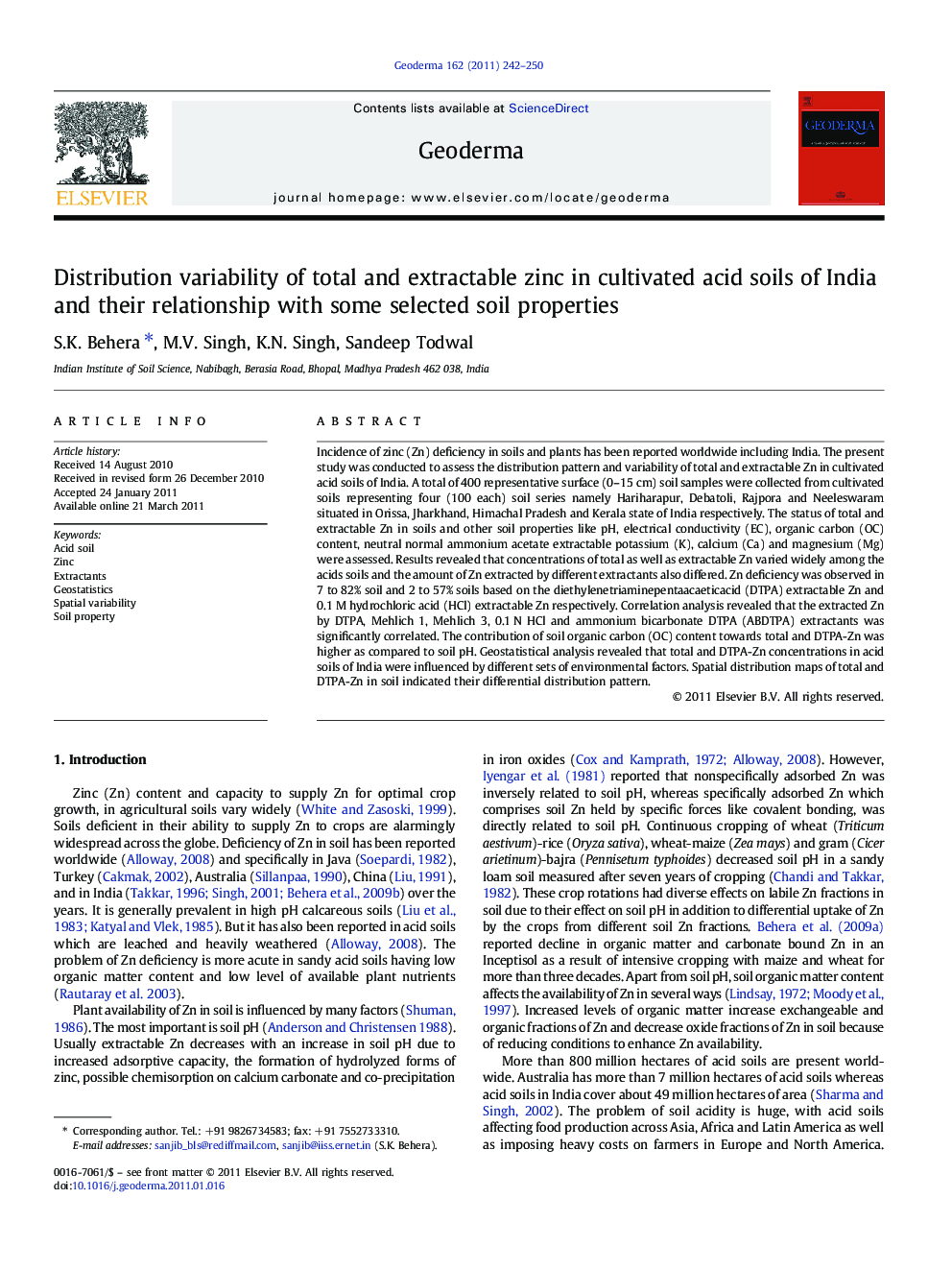 Distribution variability of total and extractable zinc in cultivated acid soils of India and their relationship with some selected soil properties