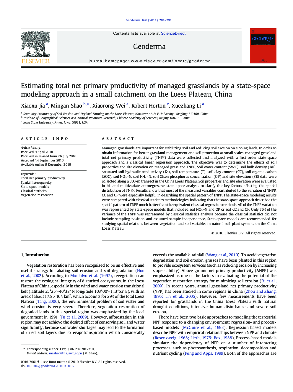 Estimating total net primary productivity of managed grasslands by a state-space modeling approach in a small catchment on the Loess Plateau, China
