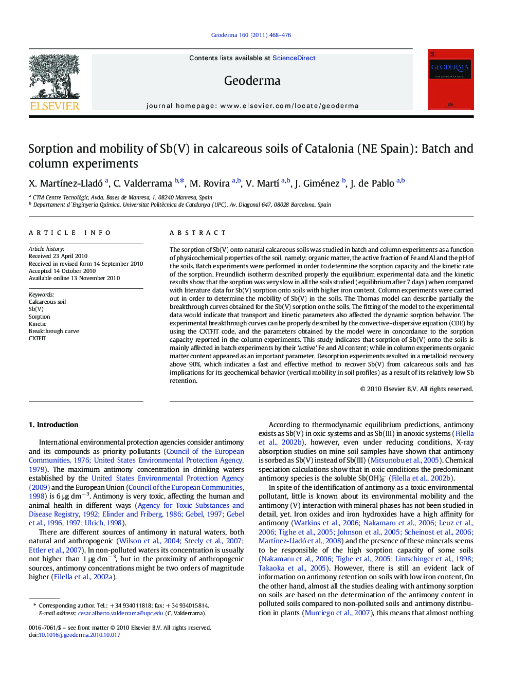 Sorption and mobility of Sb(V) in calcareous soils of Catalonia (NE Spain): Batch and column experiments